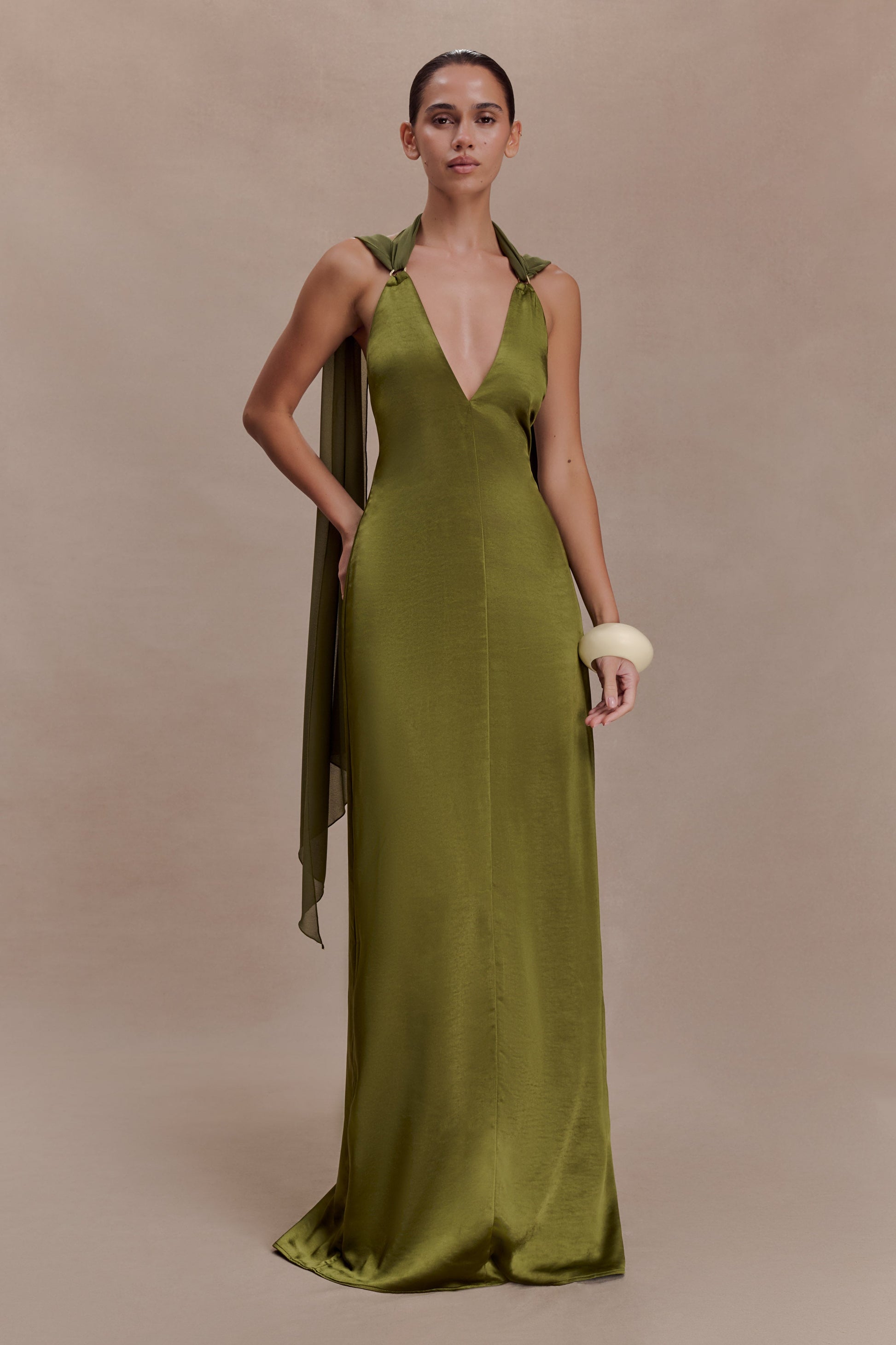 Myla Draped Shoulders Satin Maxi Dress - Khaki #5