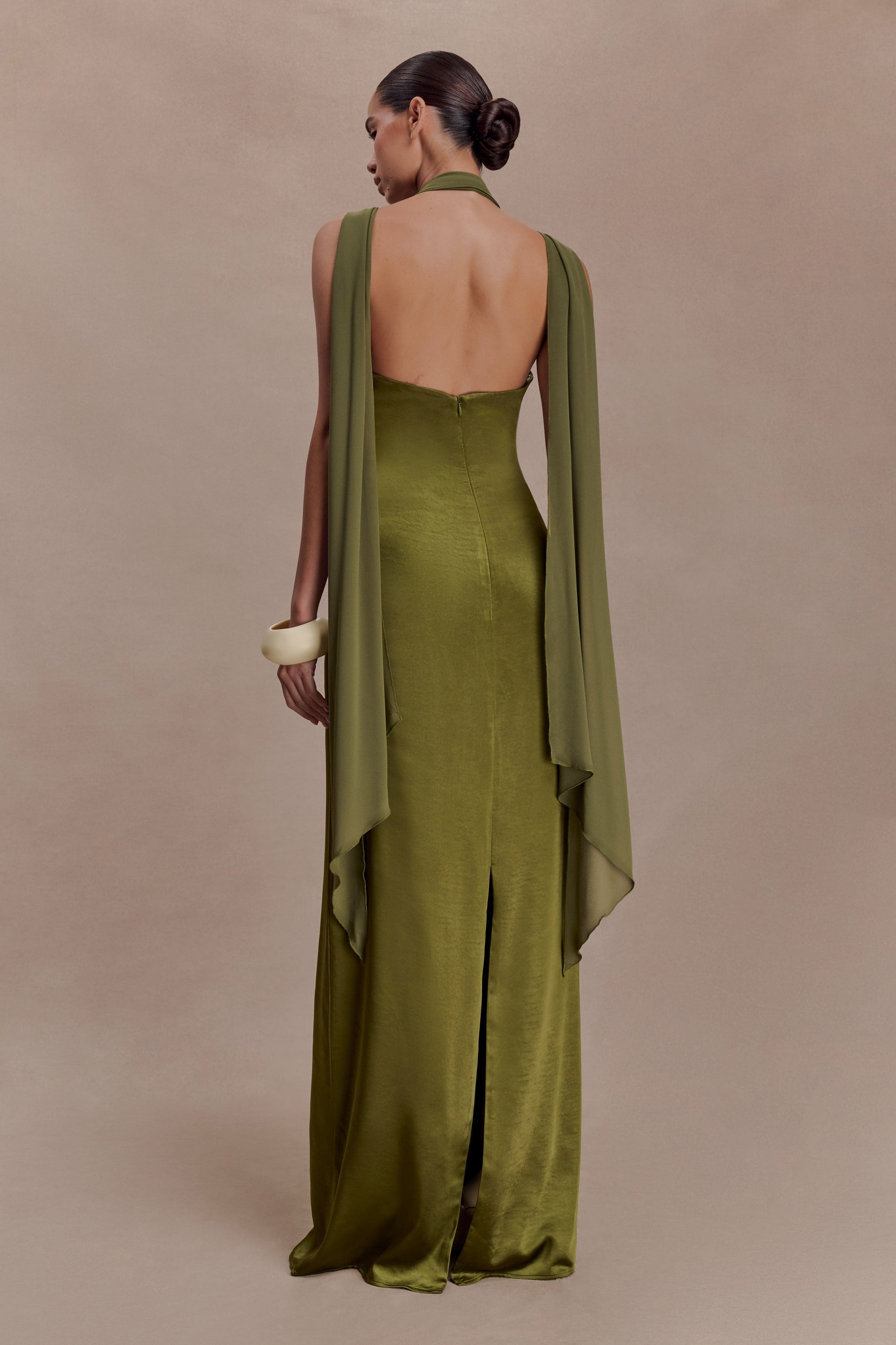 Myla Draped Shoulders Satin Maxi Dress - Khaki #2