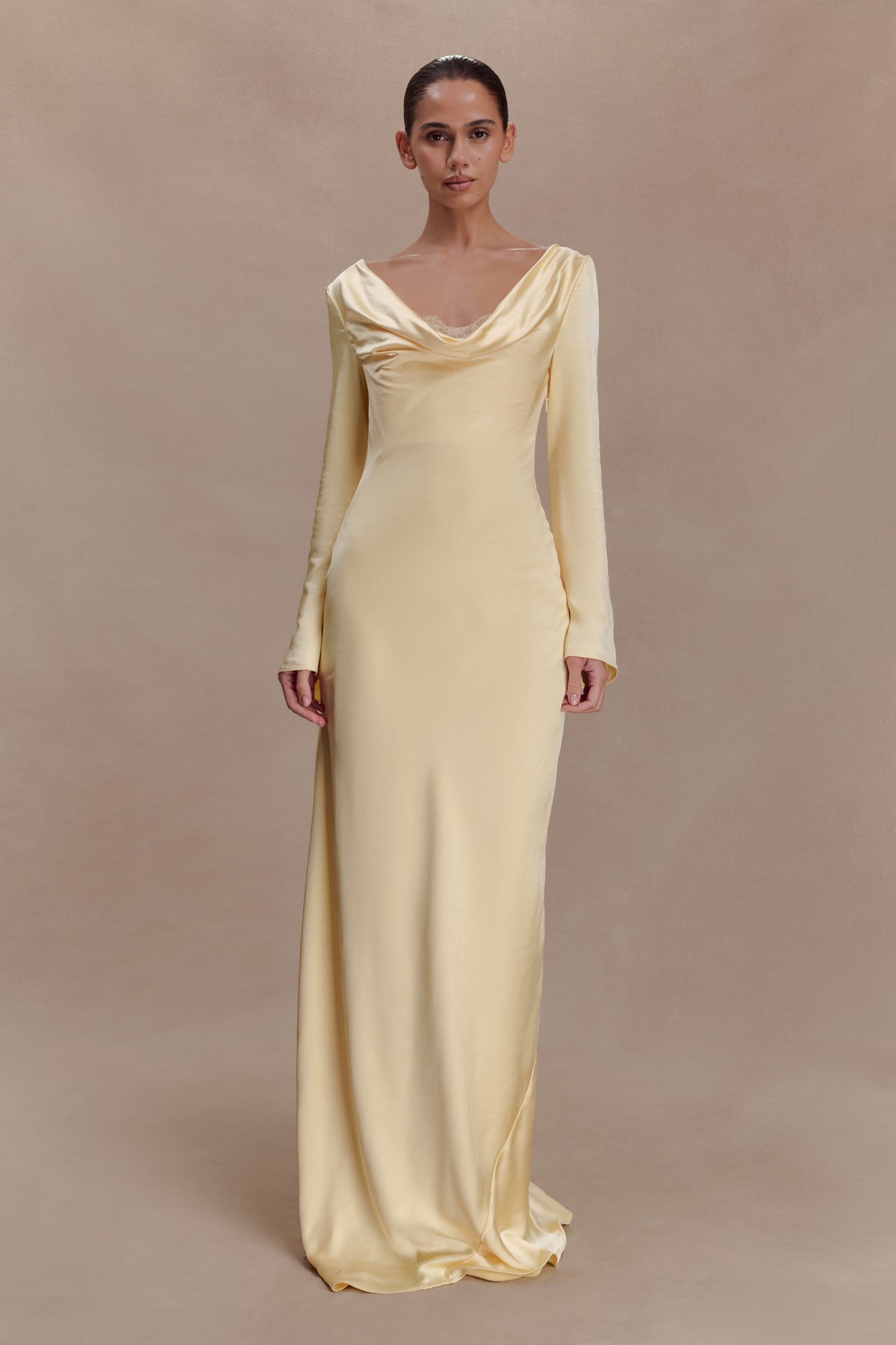 Eliza Long Sleeve Cowl Lace And Satin Maxi Dress - Lemon #5