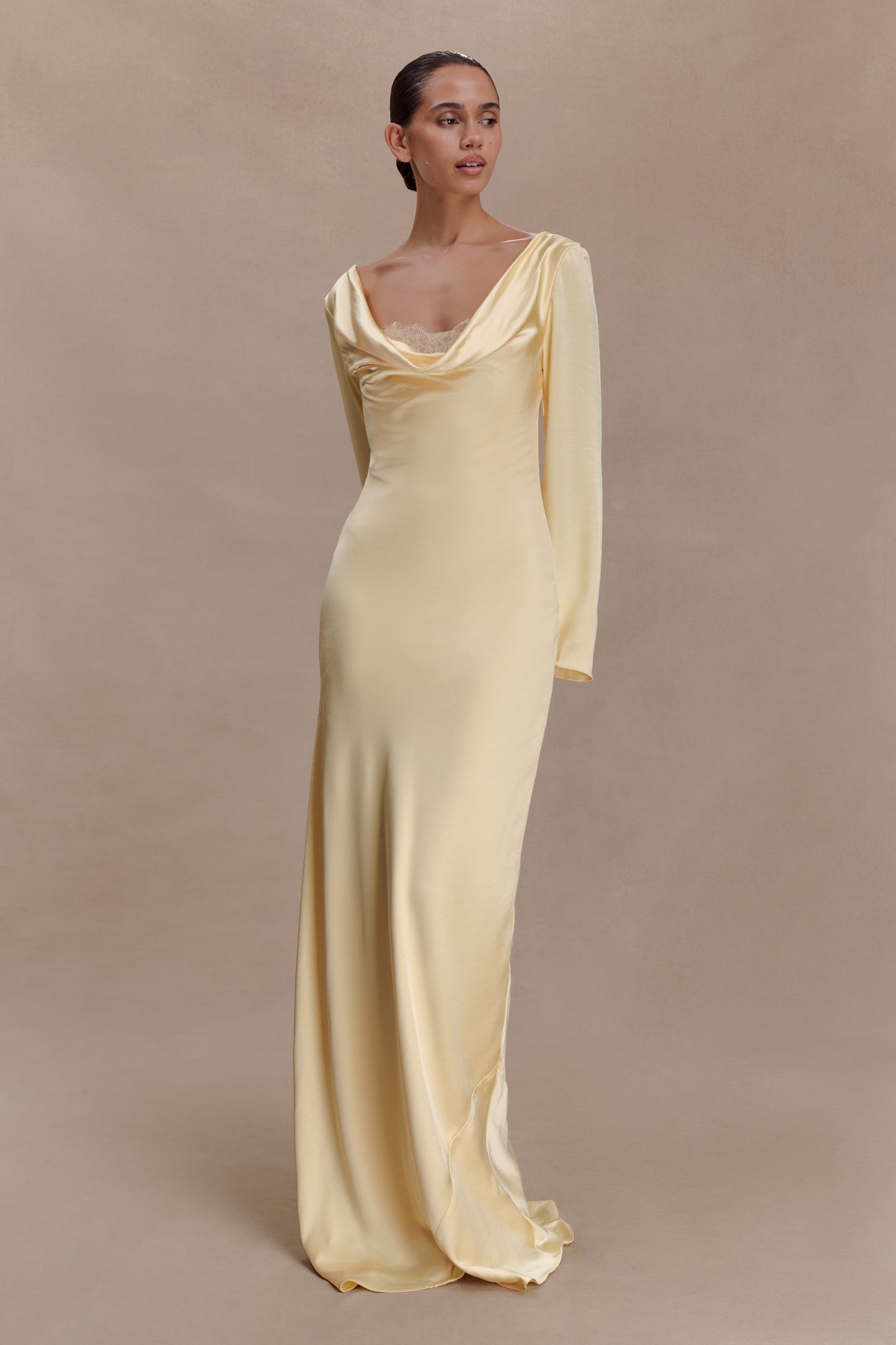 Eliza Long Sleeve Cowl Lace And Satin Maxi Dress - Lemon