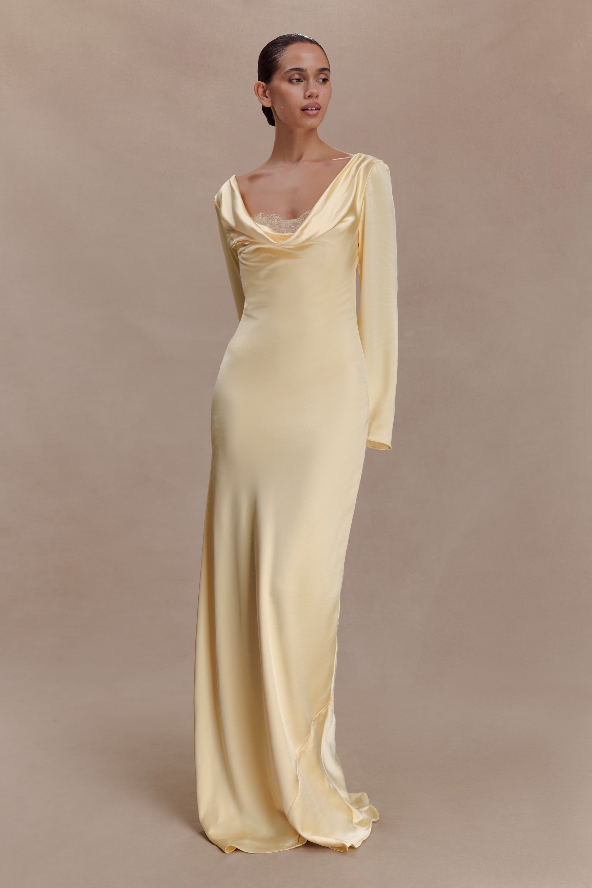 Eliza Long Sleeve Cowl Lace And Satin Maxi Dress - Lemon #4
