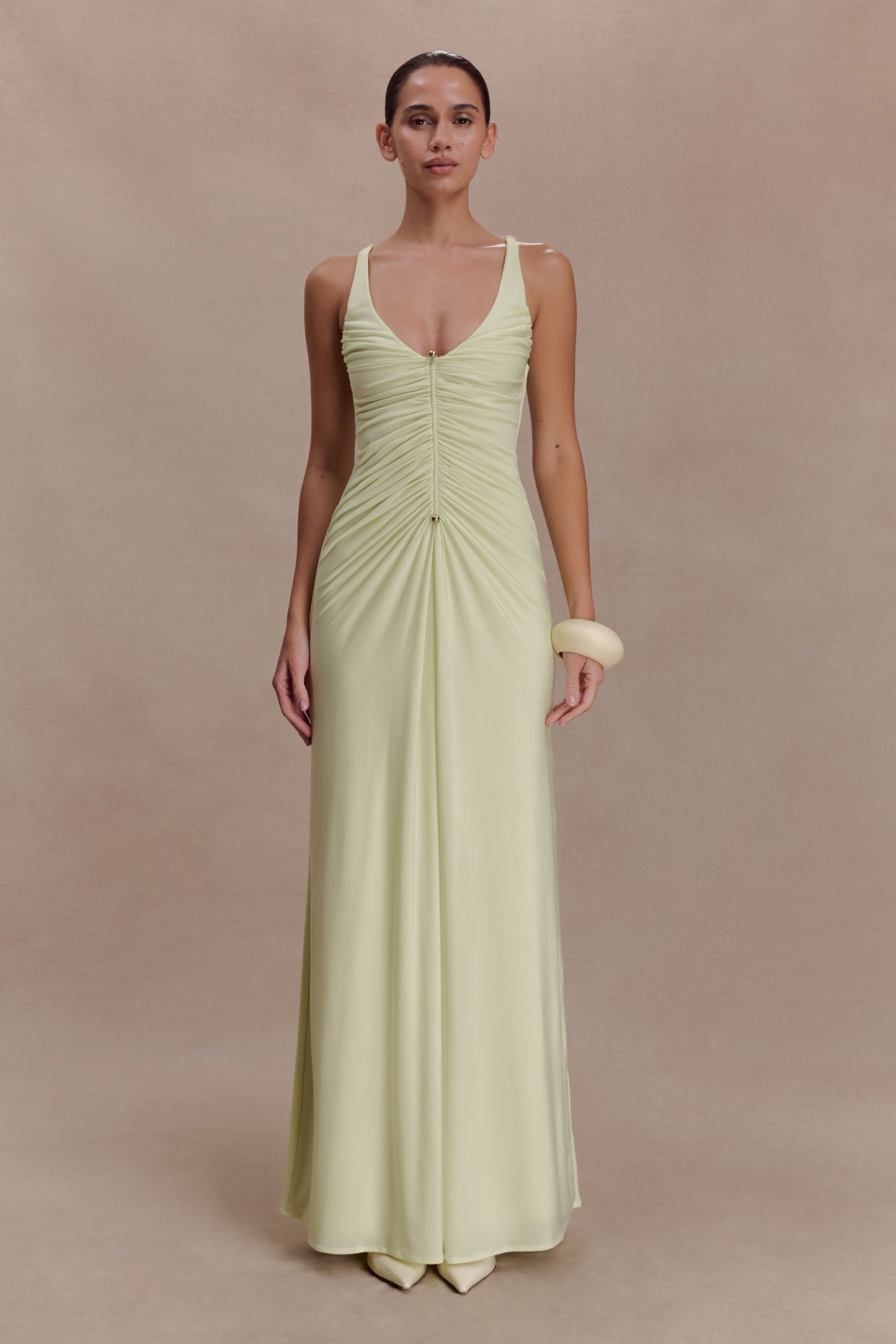 Perrie Slinky Ruched Maxi Dress - Pastel Lime