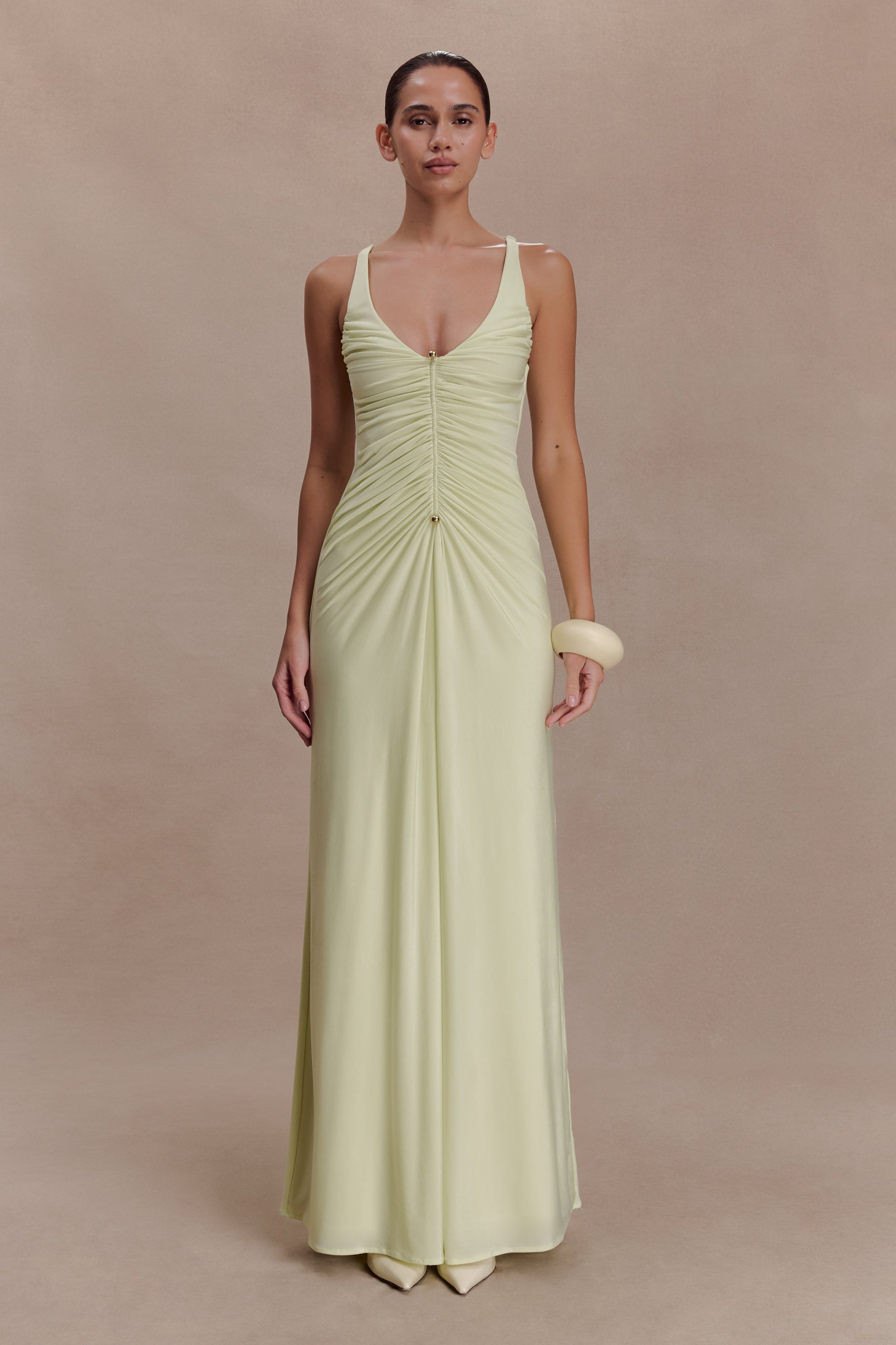 Perrie Slinky Ruched Maxi Dress - Pastel Lime