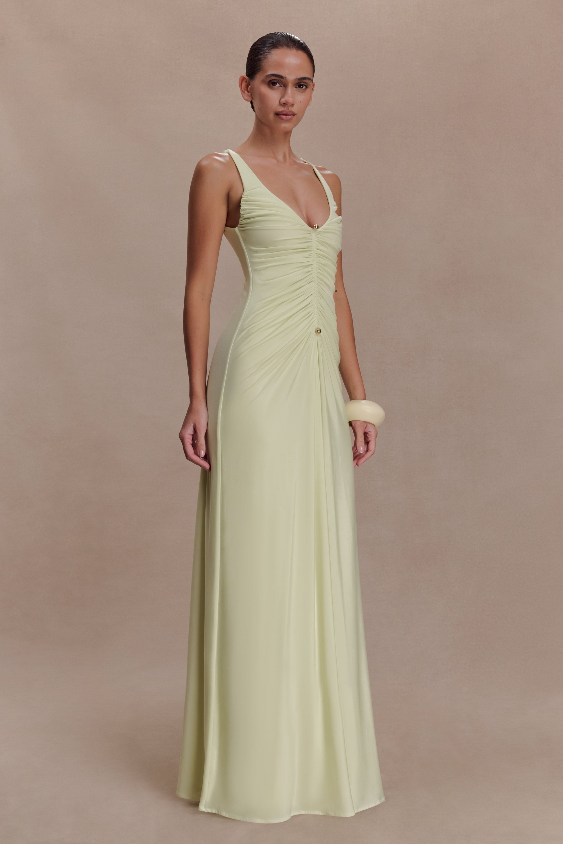 Perrie Slinky Ruched Maxi Dress - Pastel Lime #4
