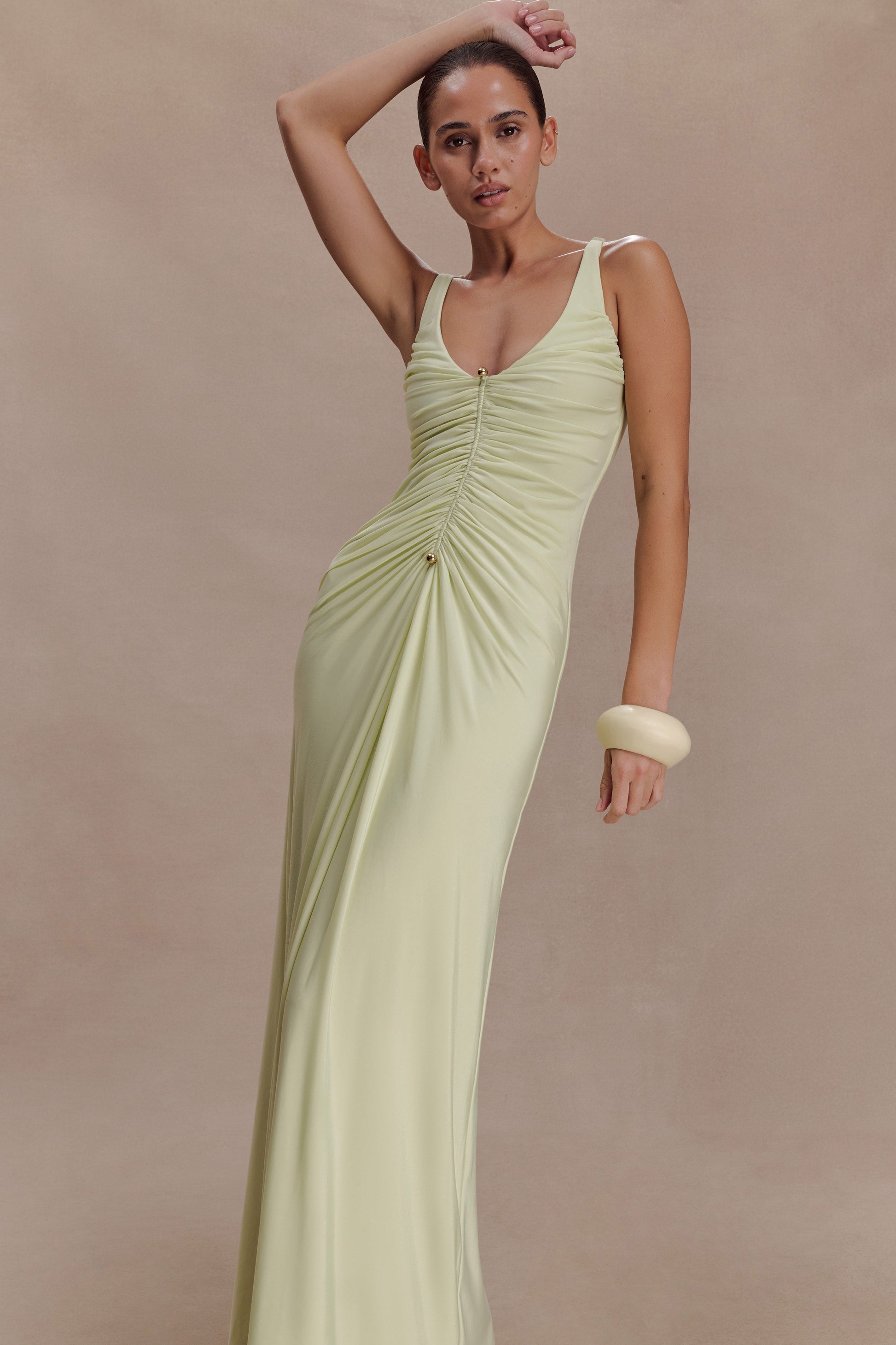 Perrie Slinky Ruched Maxi Dress - Pastel Lime #3