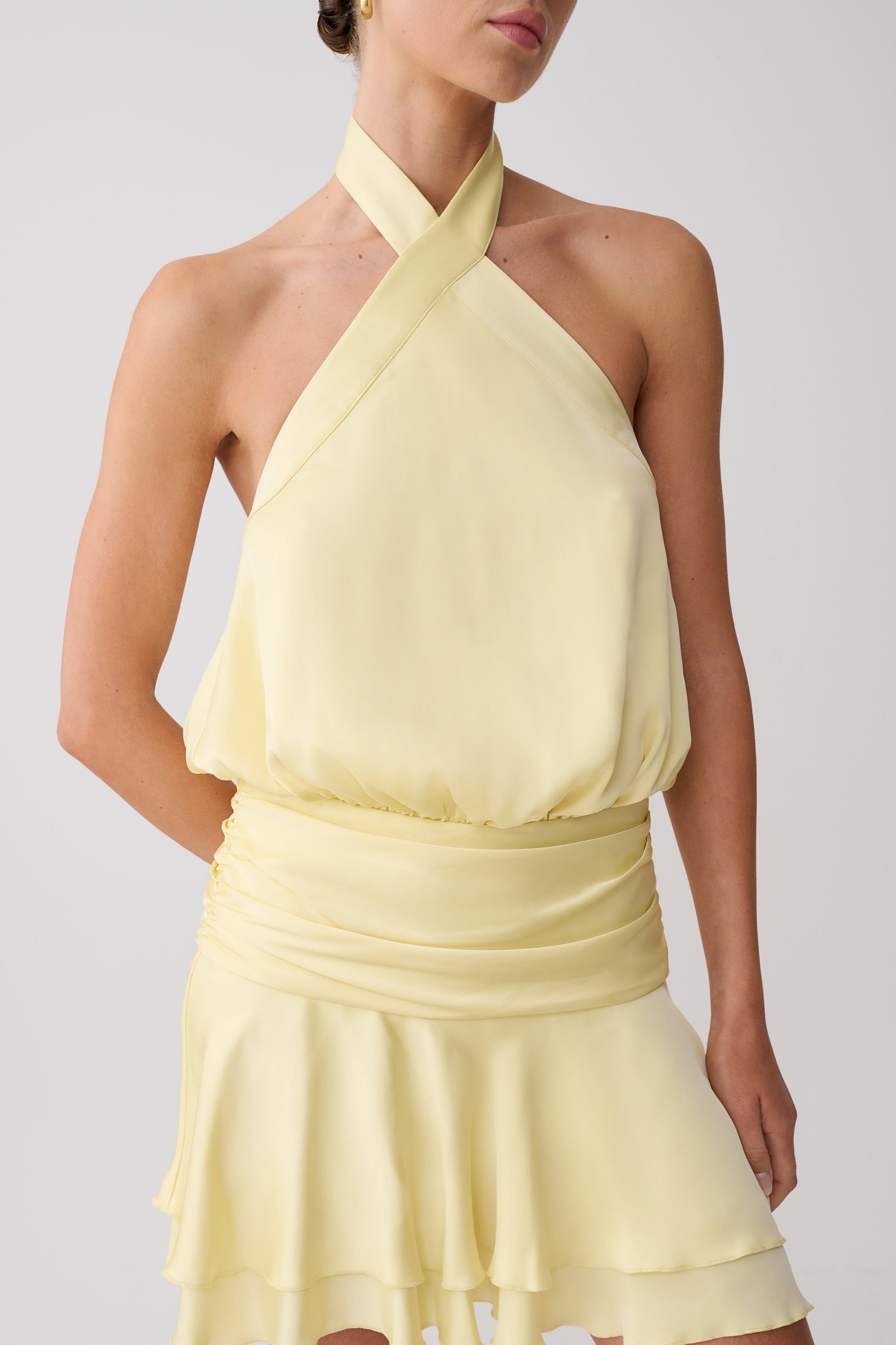 Poppy Satin Halter Mini Dress - Lemon #4