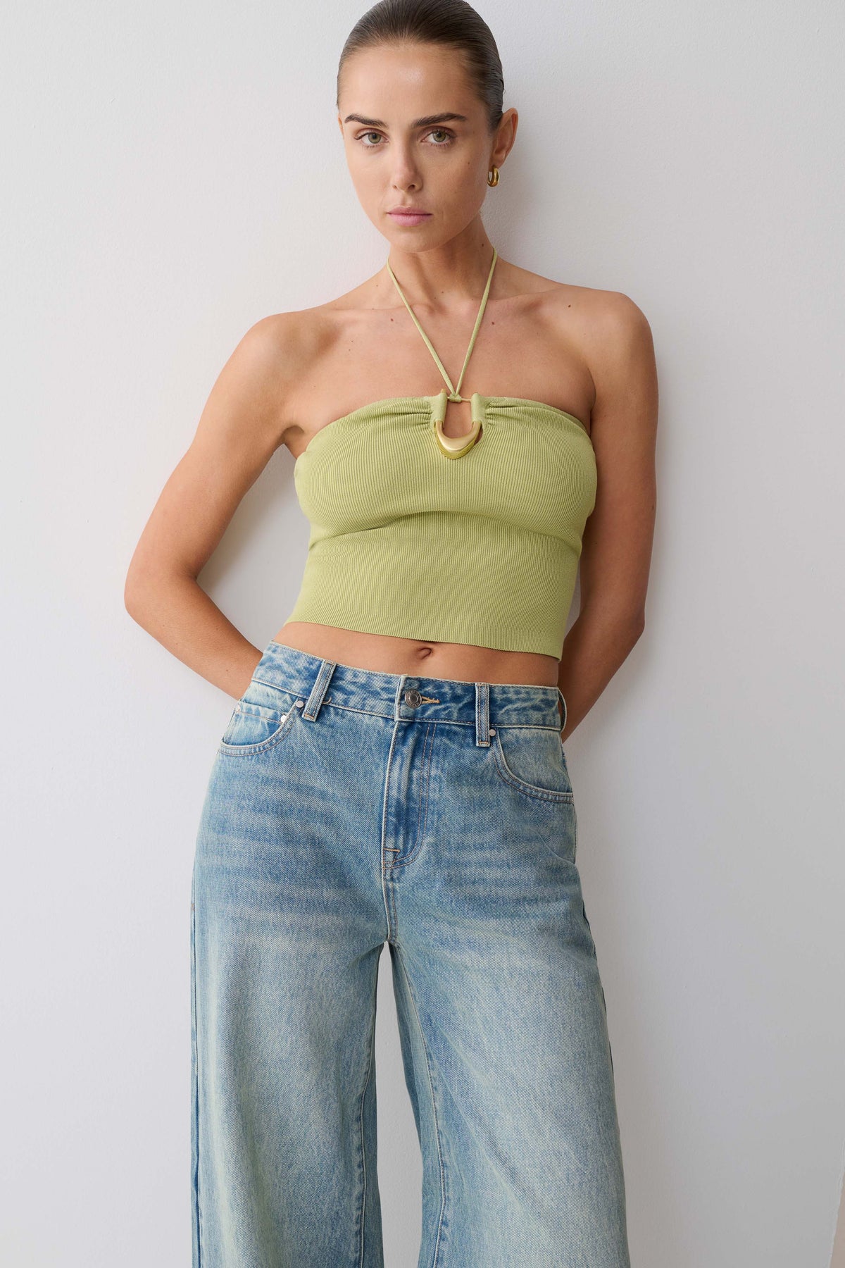 Dimitri Knit Halter Top With Hardware - Light Olive #3