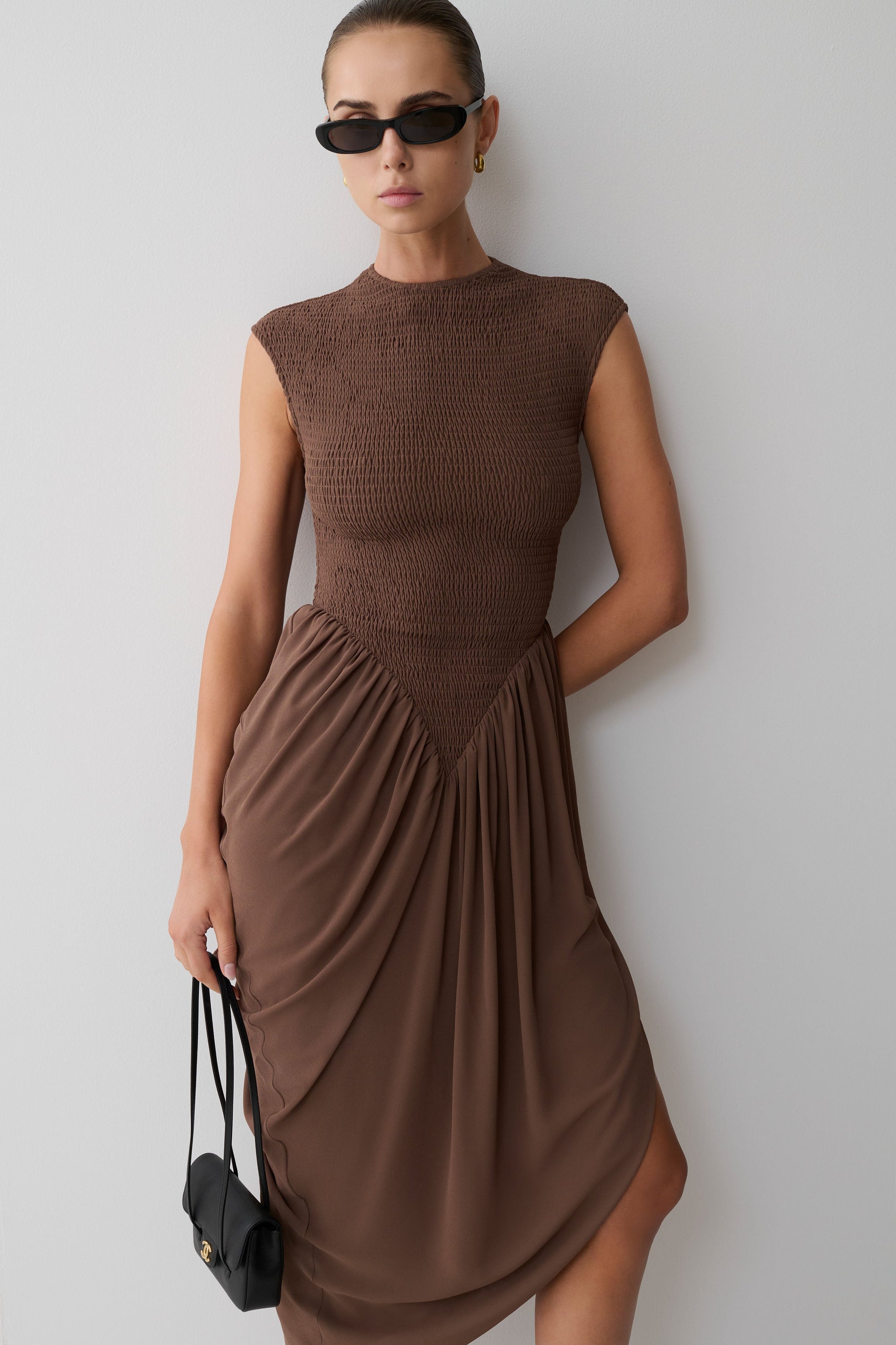 Nola Shirred Asymmetric Midi Dress - Mocha #7