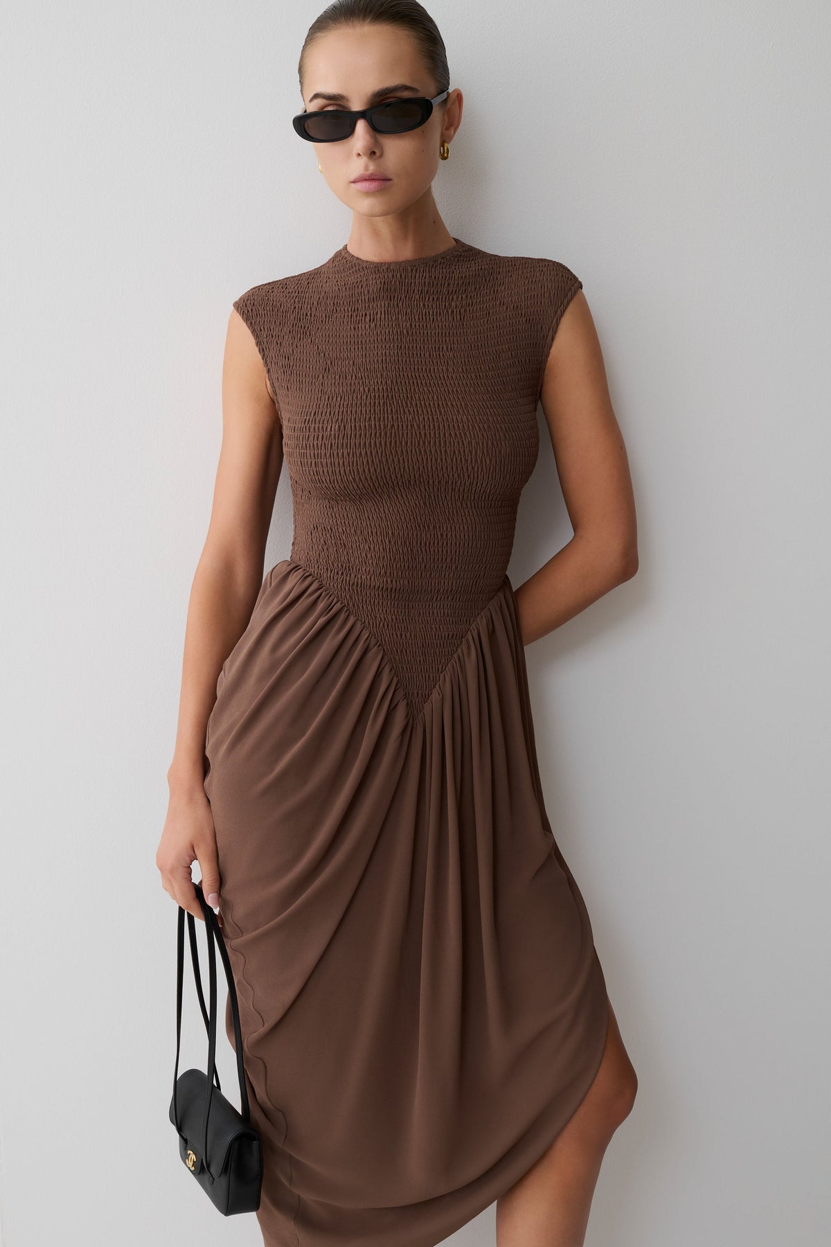 Nola Shirred Asymmetric Midi Dress - Mocha #7