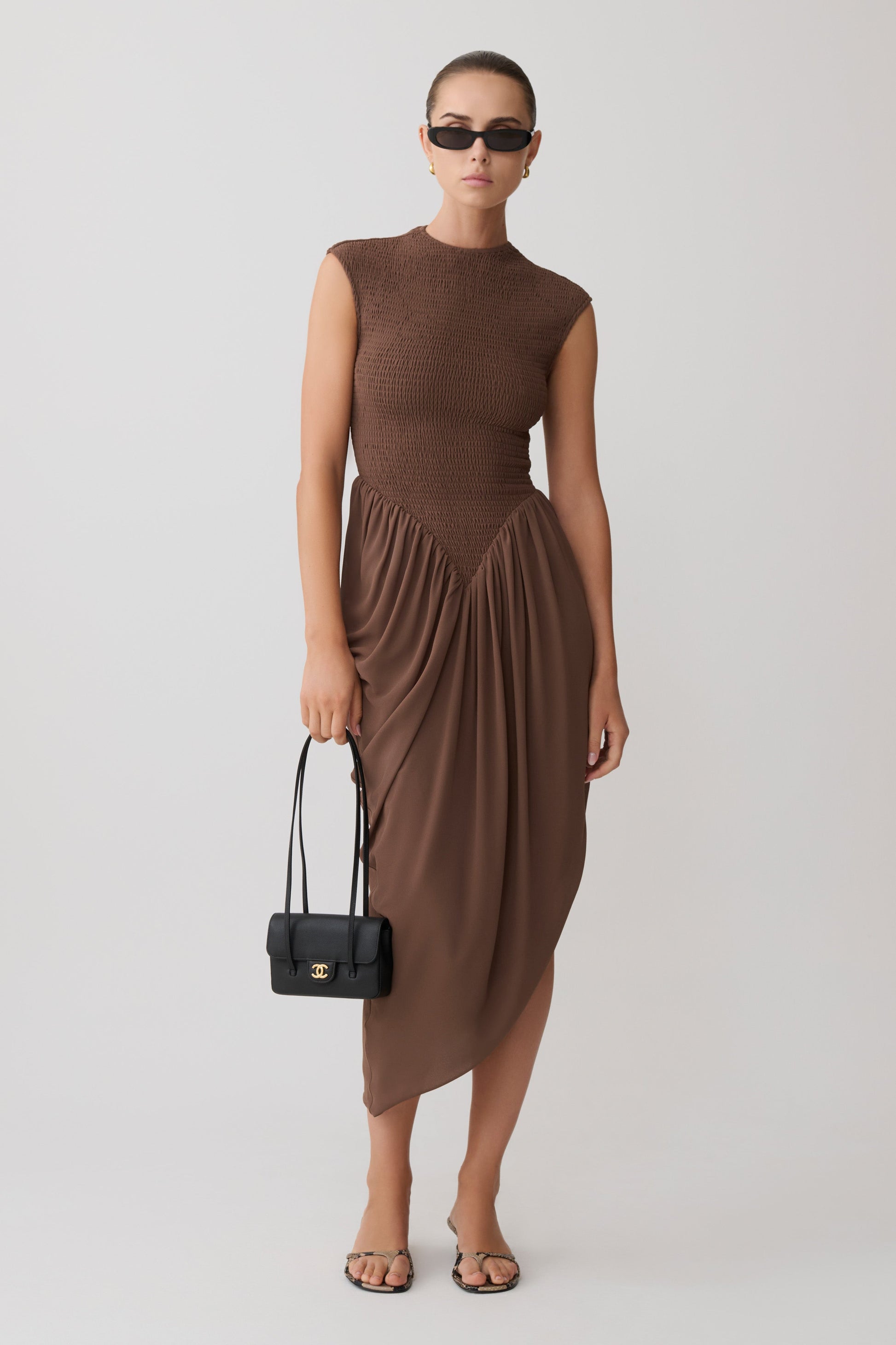 Nola Shirred Asymmetric Midi Dress - Mocha #6