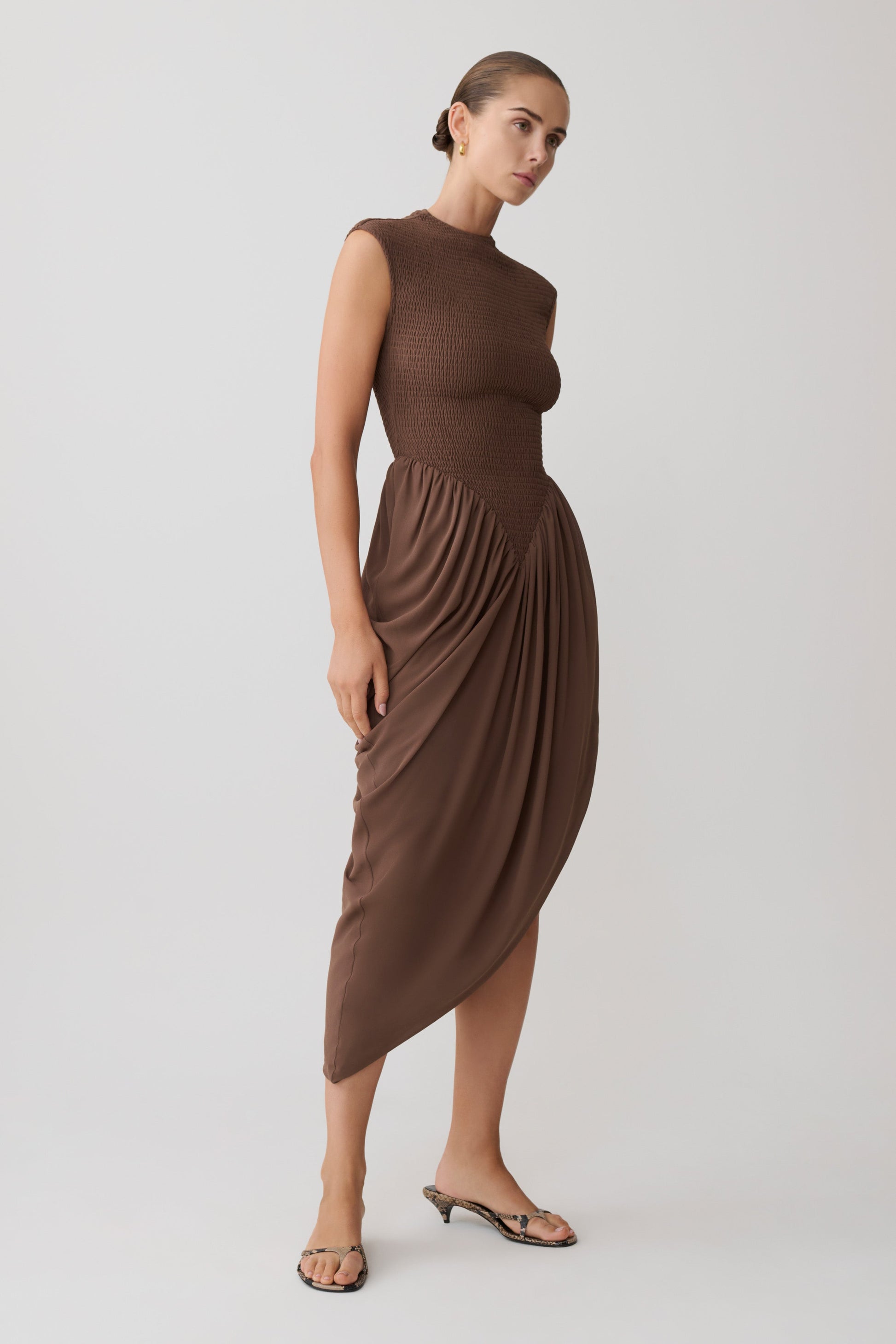 Nola Shirred Asymmetric Midi Dress - Mocha #5
