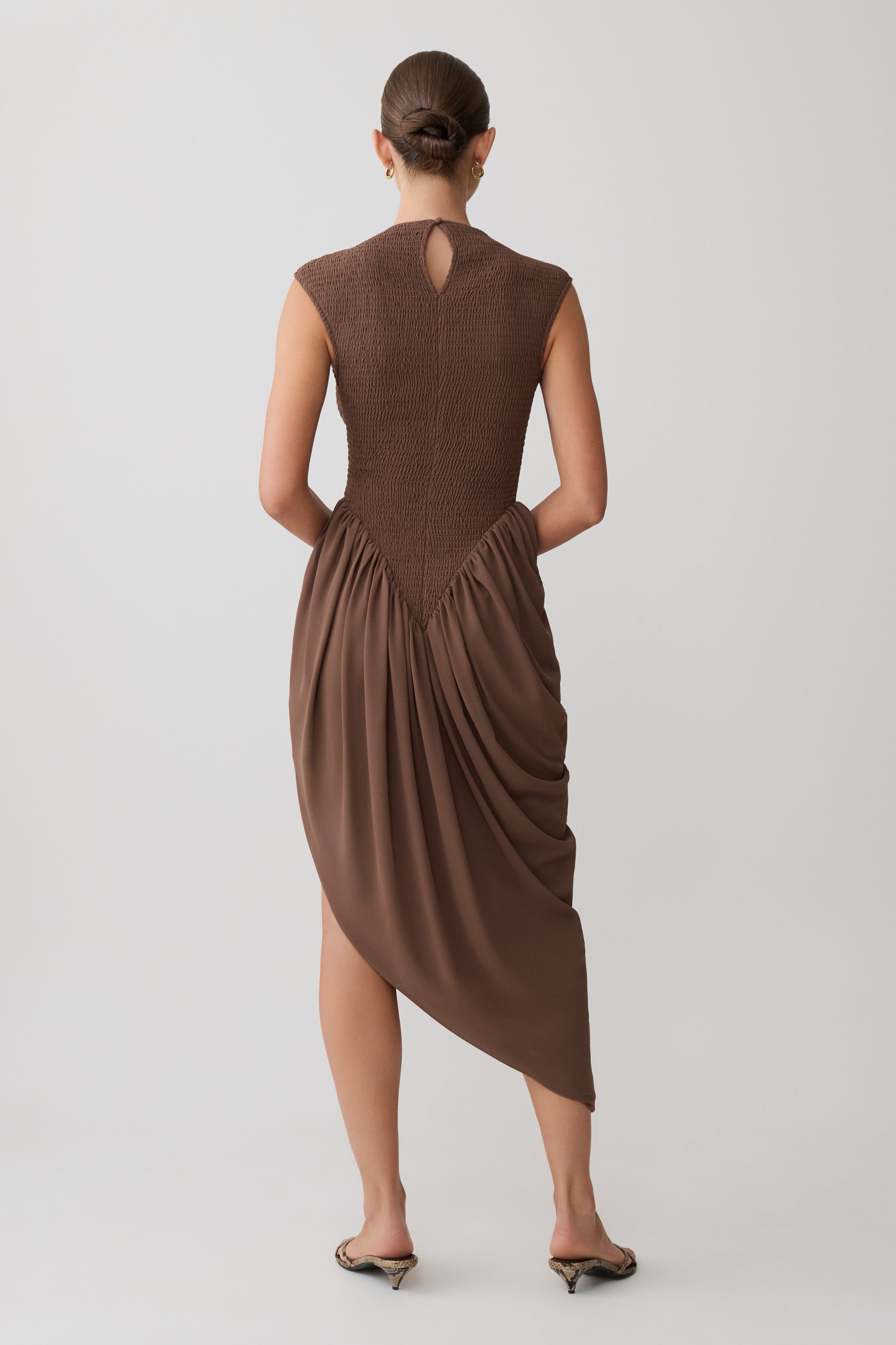 Nola Shirred Asymmetric Midi Dress - Mocha #4
