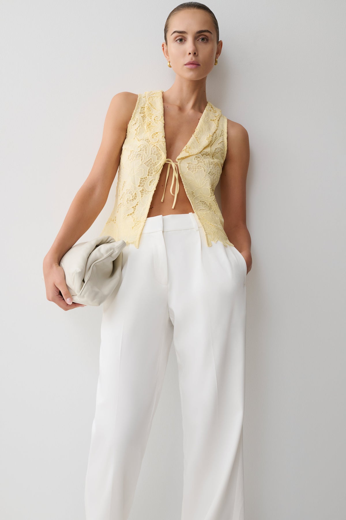Tessa Broderie Tie Front Sleeveless Top - Lemon #6