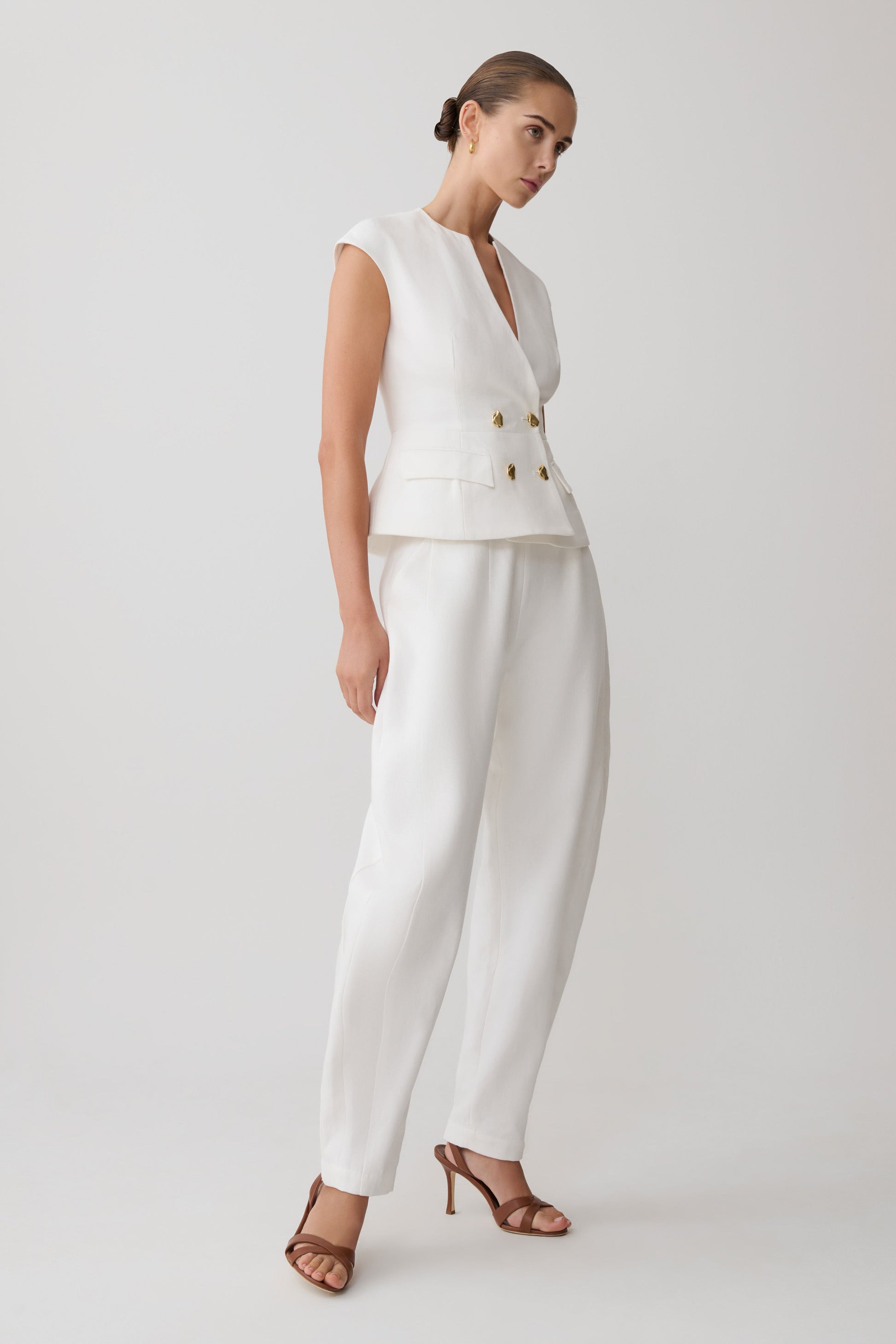 Oriana Linen Button Vest - White #5