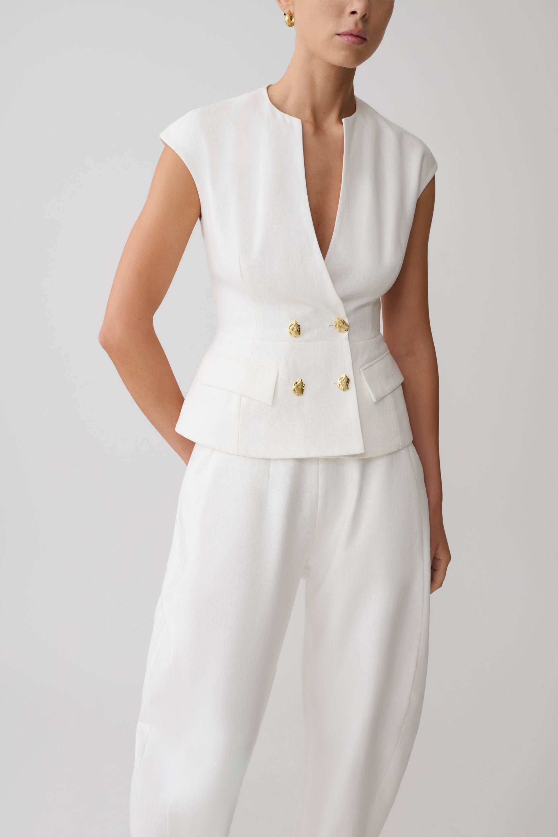 Oriana Linen Button Vest - White #4