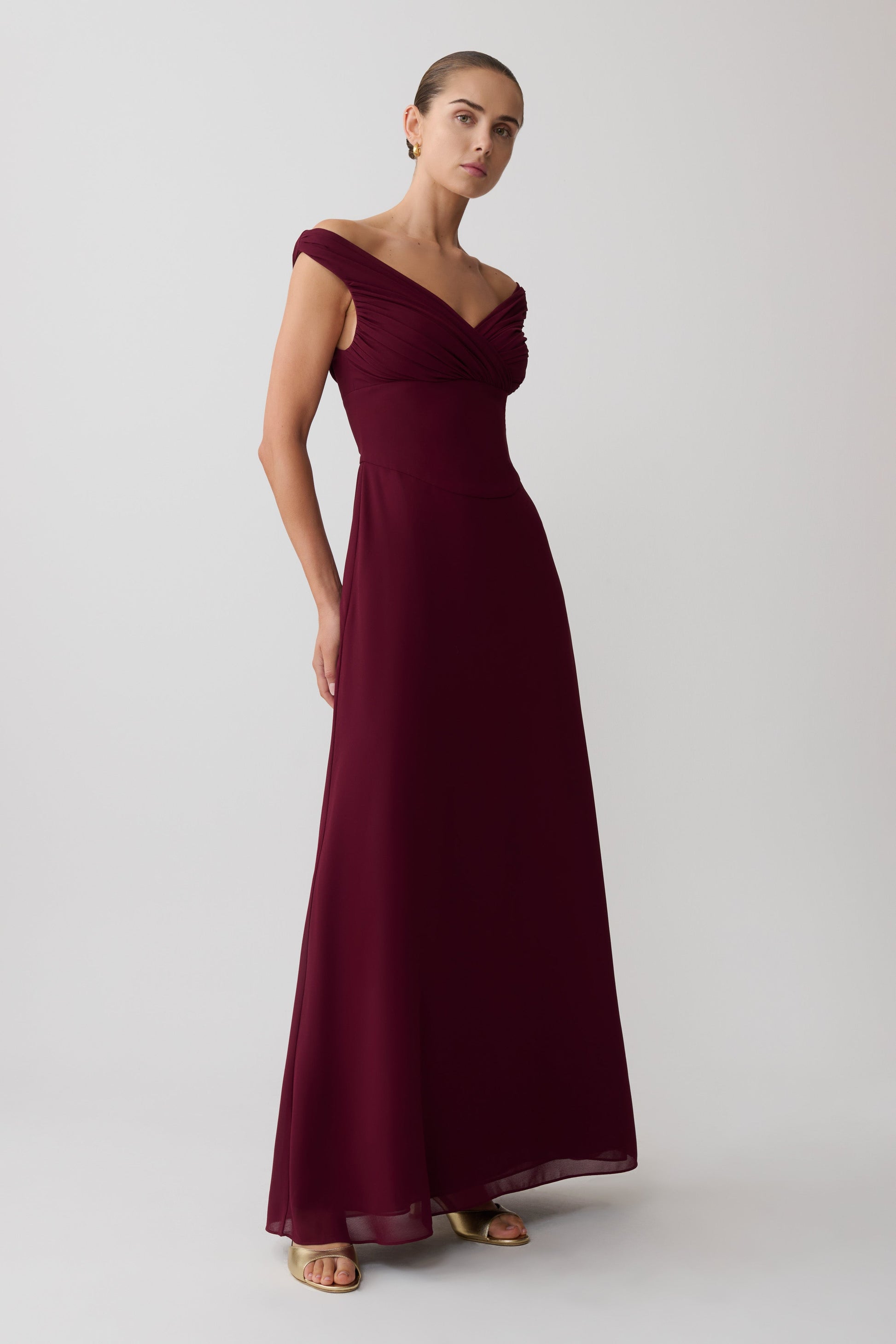 Mabel Off Shoulder Chiffon Maxi Dress - Merlot #4