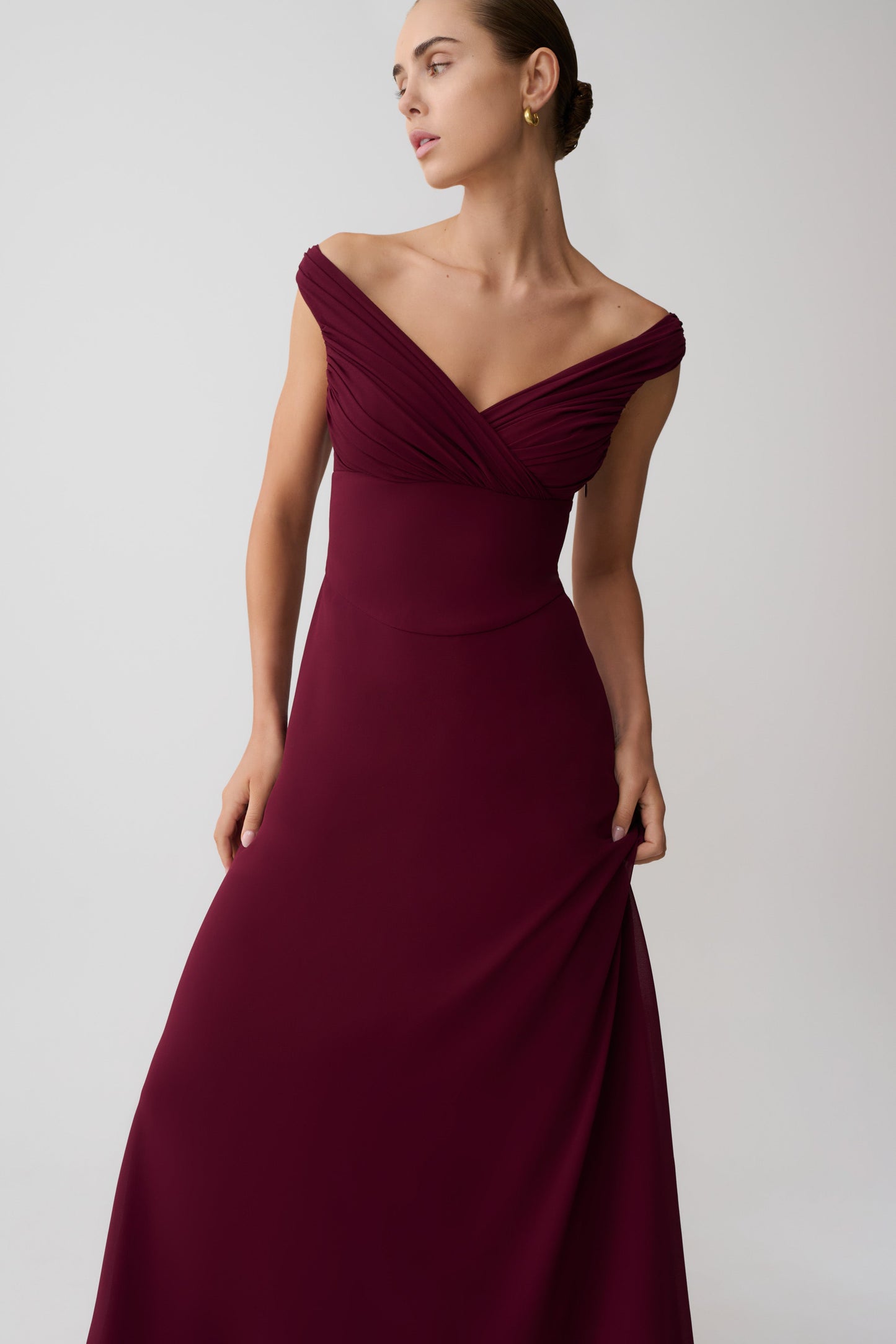 Mabel Off Shoulder Chiffon Maxi Dress - Merlot