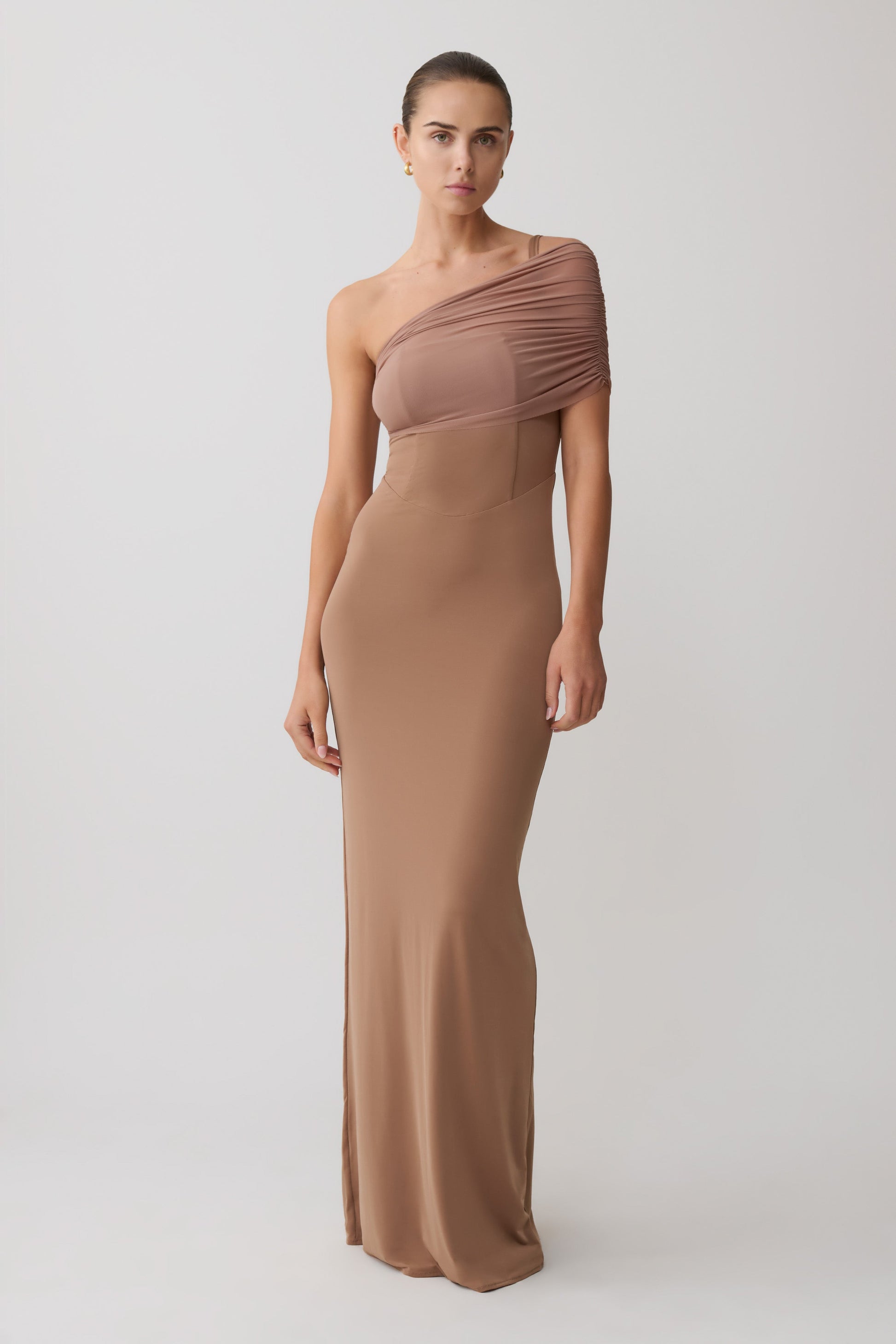 Hanh One Shoulder Mesh Maxi Dress - Tan