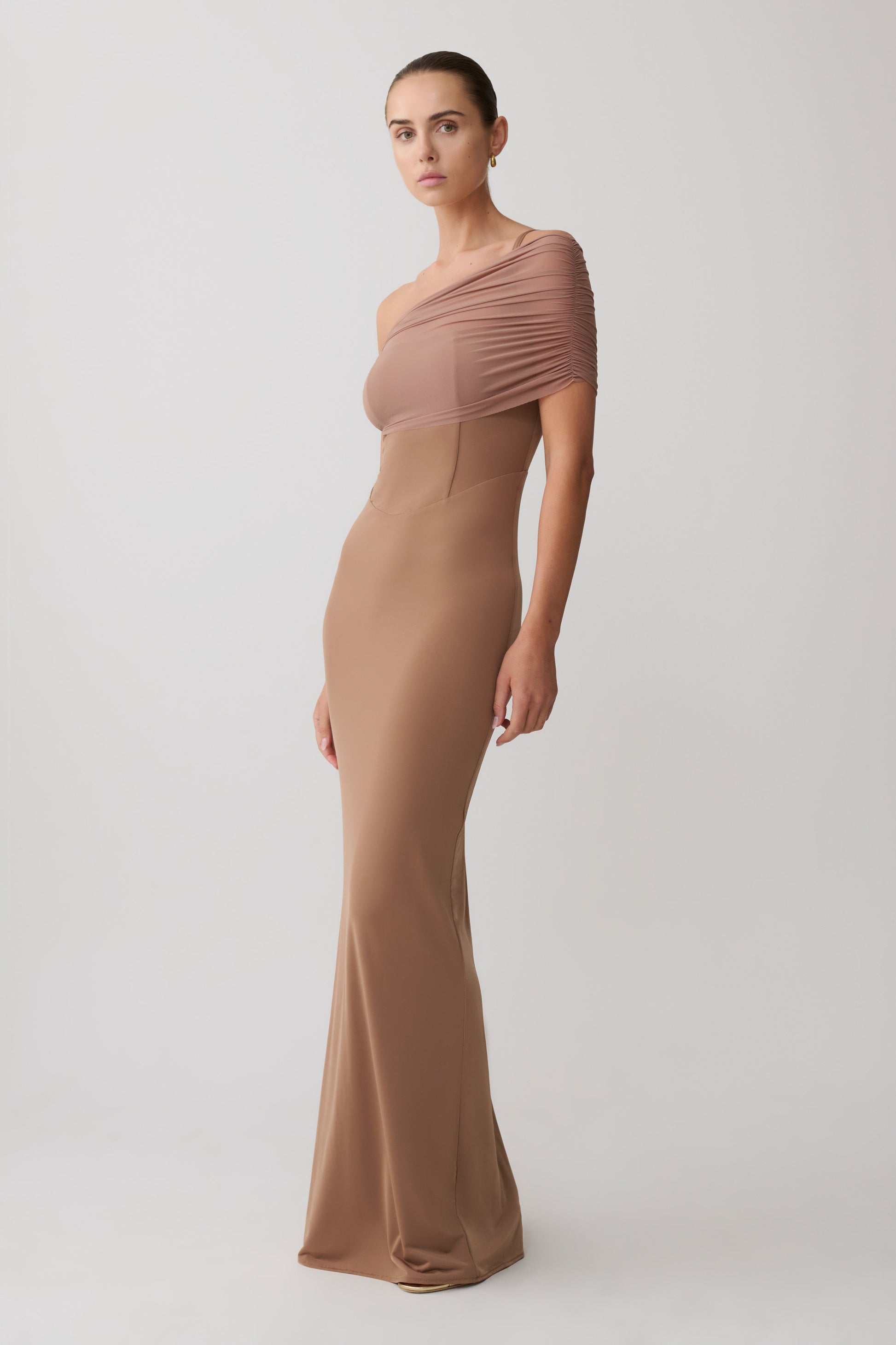Hanh One Shoulder Mesh Maxi Dress - Tan #7