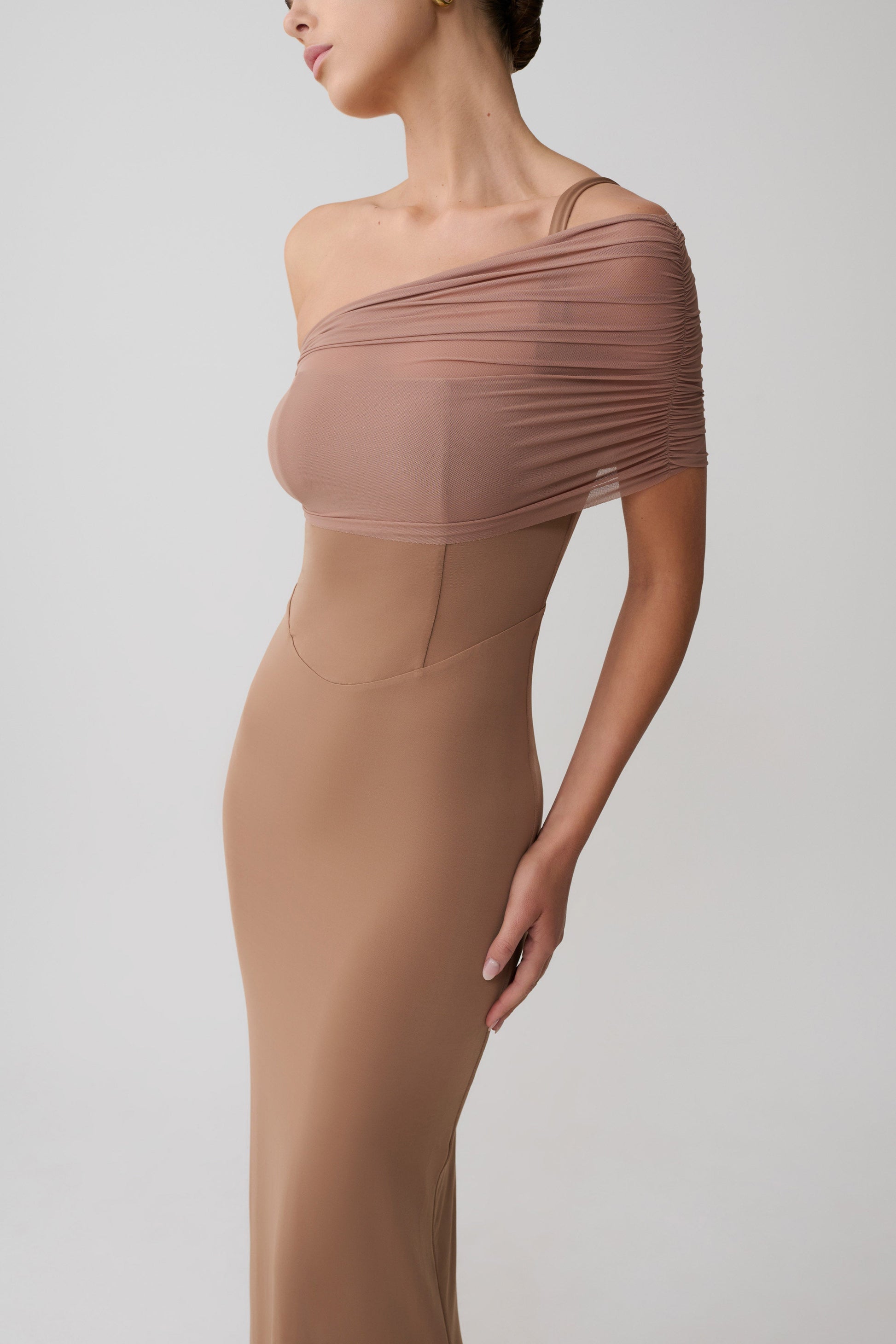 Hanh One Shoulder Mesh Maxi Dress - Tan #3