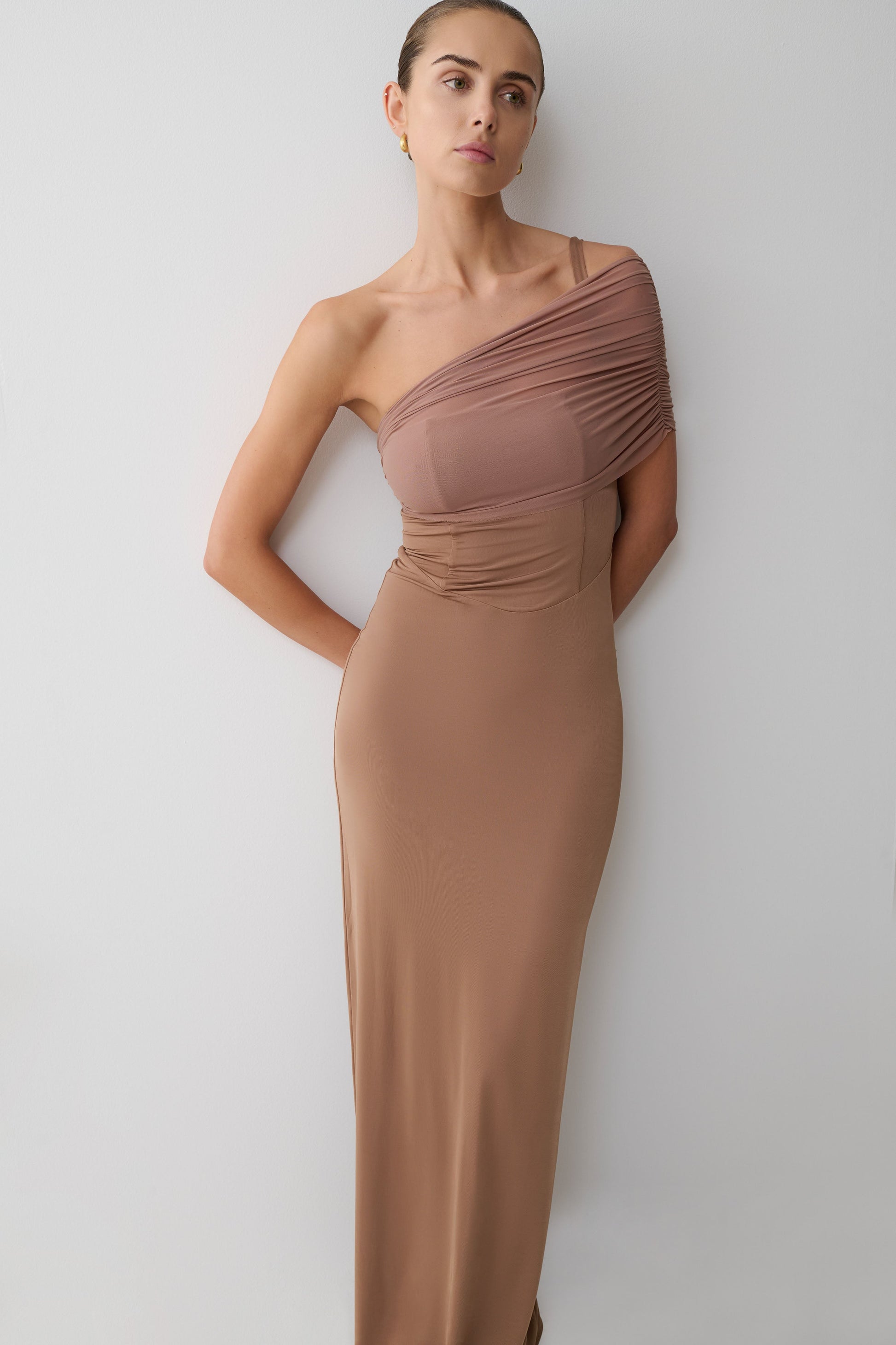 Hanh One Shoulder Mesh Maxi Dress - Tan #6