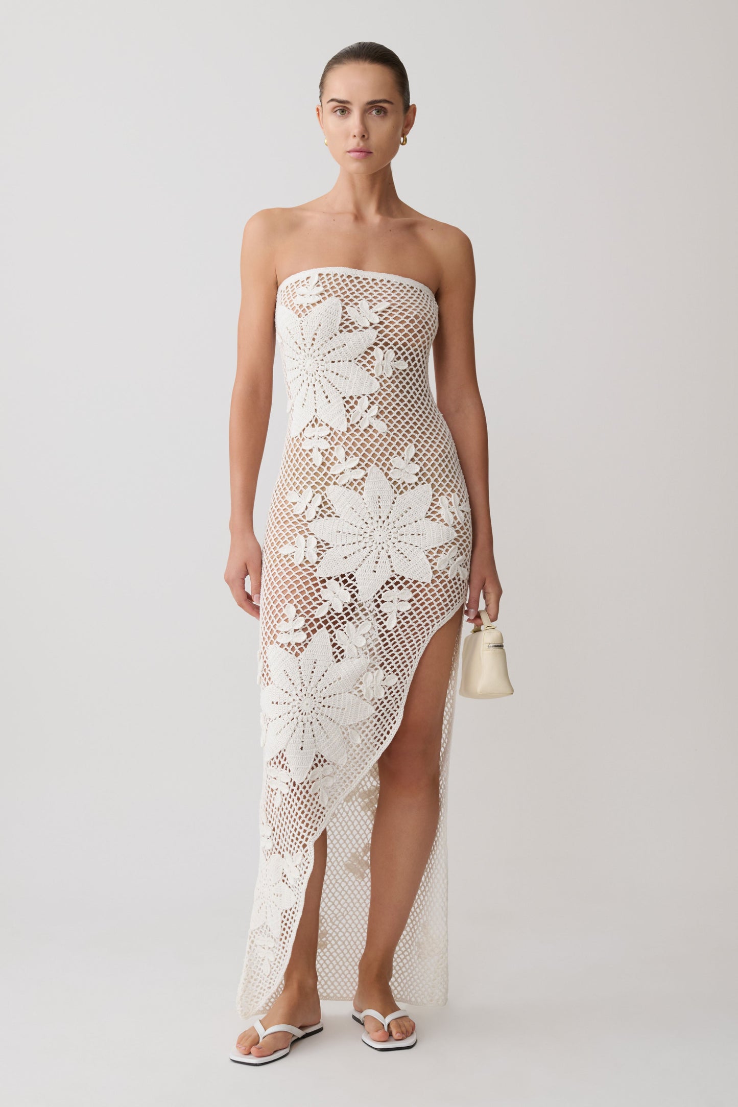 Mandie Hand Crochet Asymmetrical Maxi Dress - White