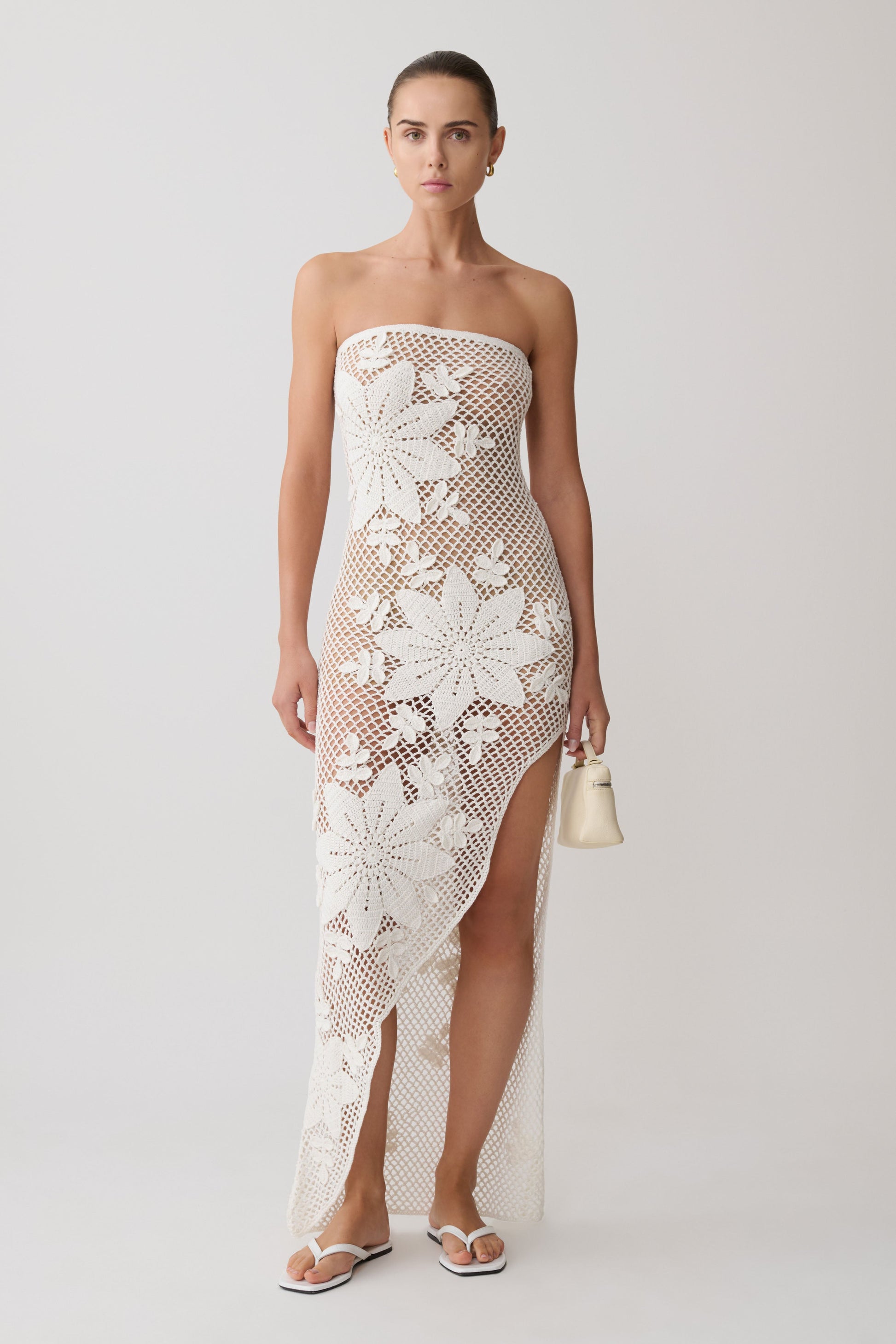 Mandie Hand Crochet Asymmetrical Maxi Dress - White #5