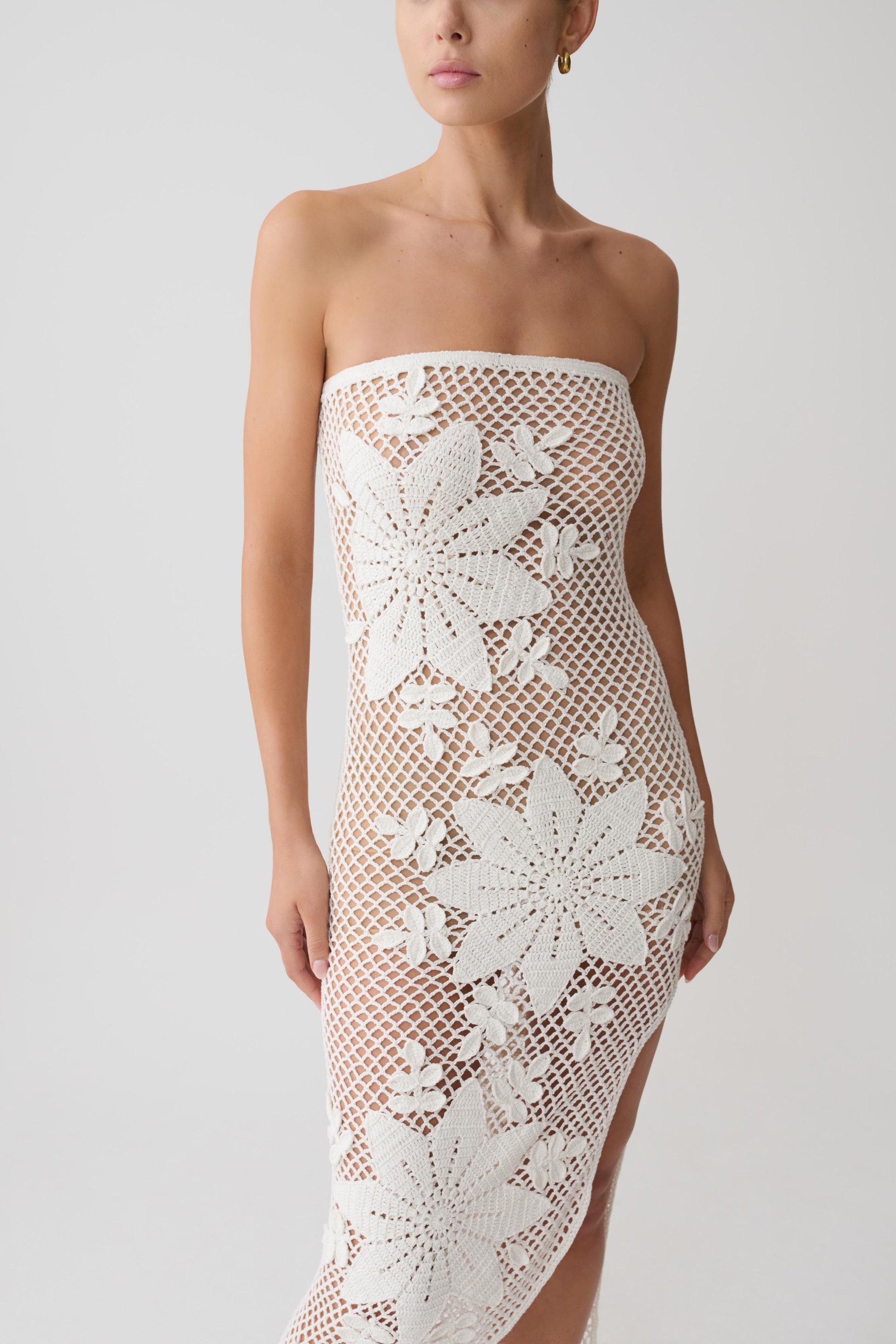 Mandie Hand Crochet Asymmetrical Maxi Dress - White #4