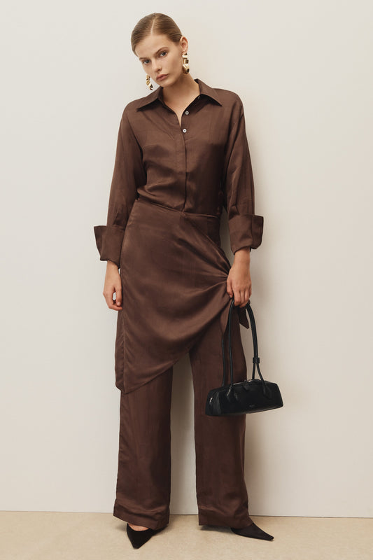 Gia Long Sleeve Satin Shirt - Chocolate