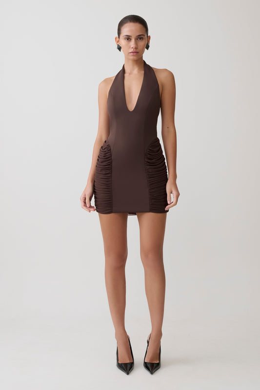 Anari Gathered Scuba Mini Dress - Dark Chocolate