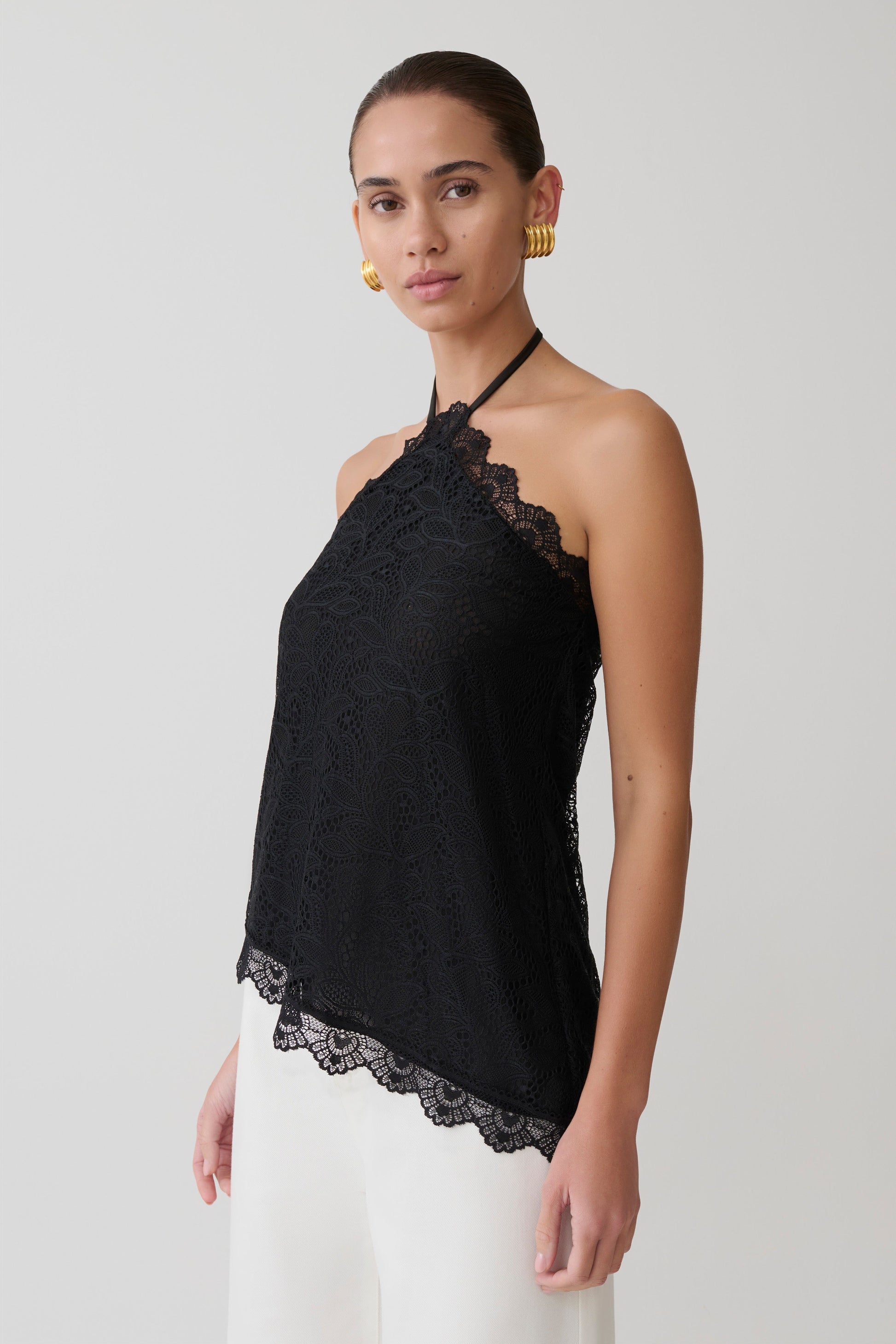 Theodosia Asymmetric Lace Halter Top - Black #3