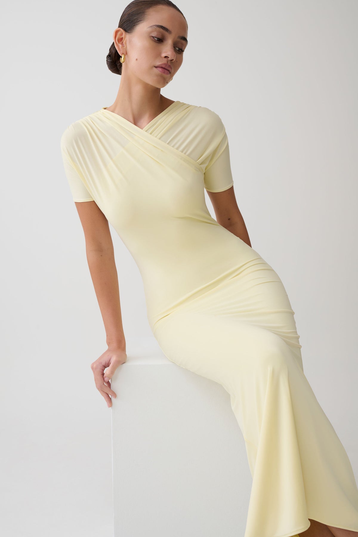 Junie Cross-Over Neck Slinky Maxi Dress - Lemon #5