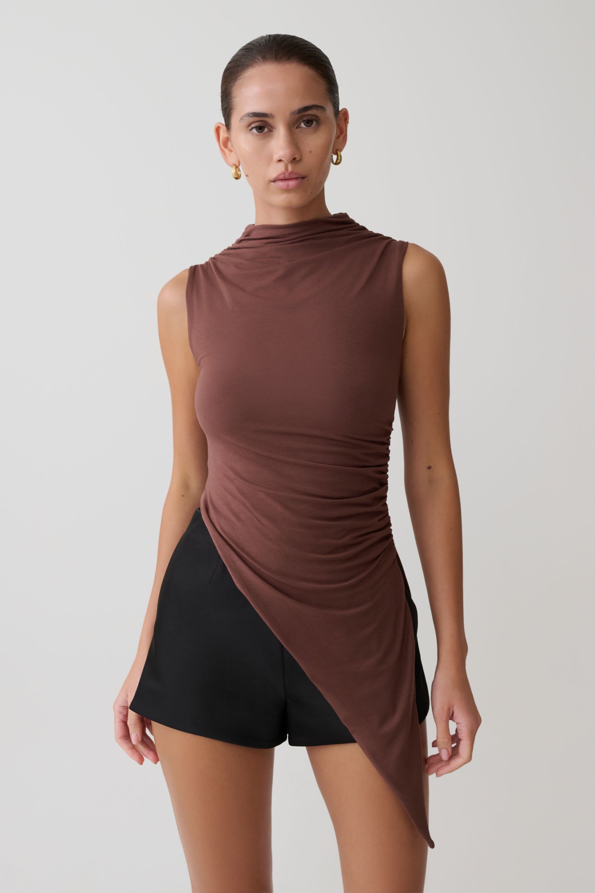 Suong High Neck Gathered Top - Mocha #3