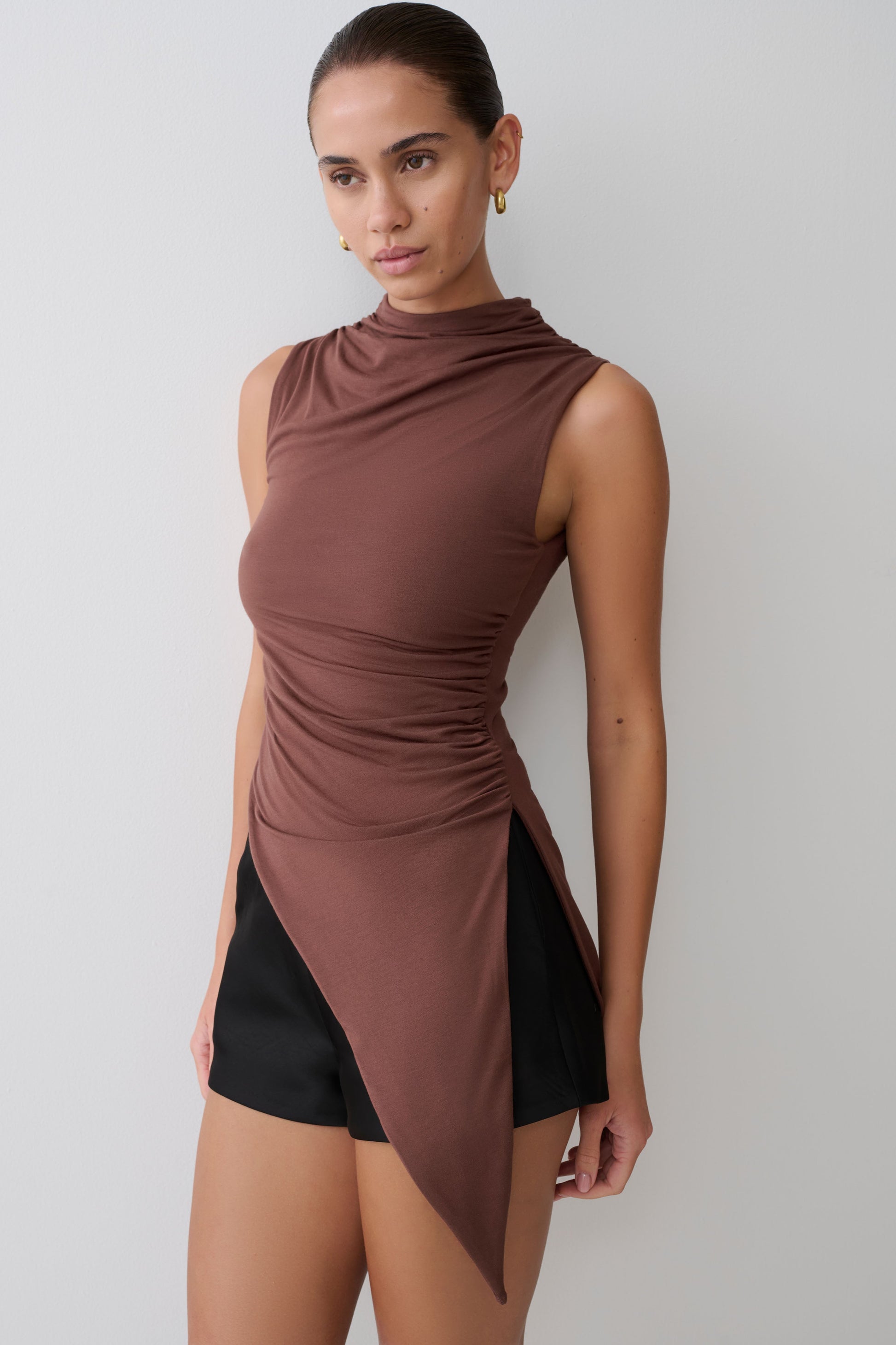 Suong High Neck Gathered Top - Mocha #7