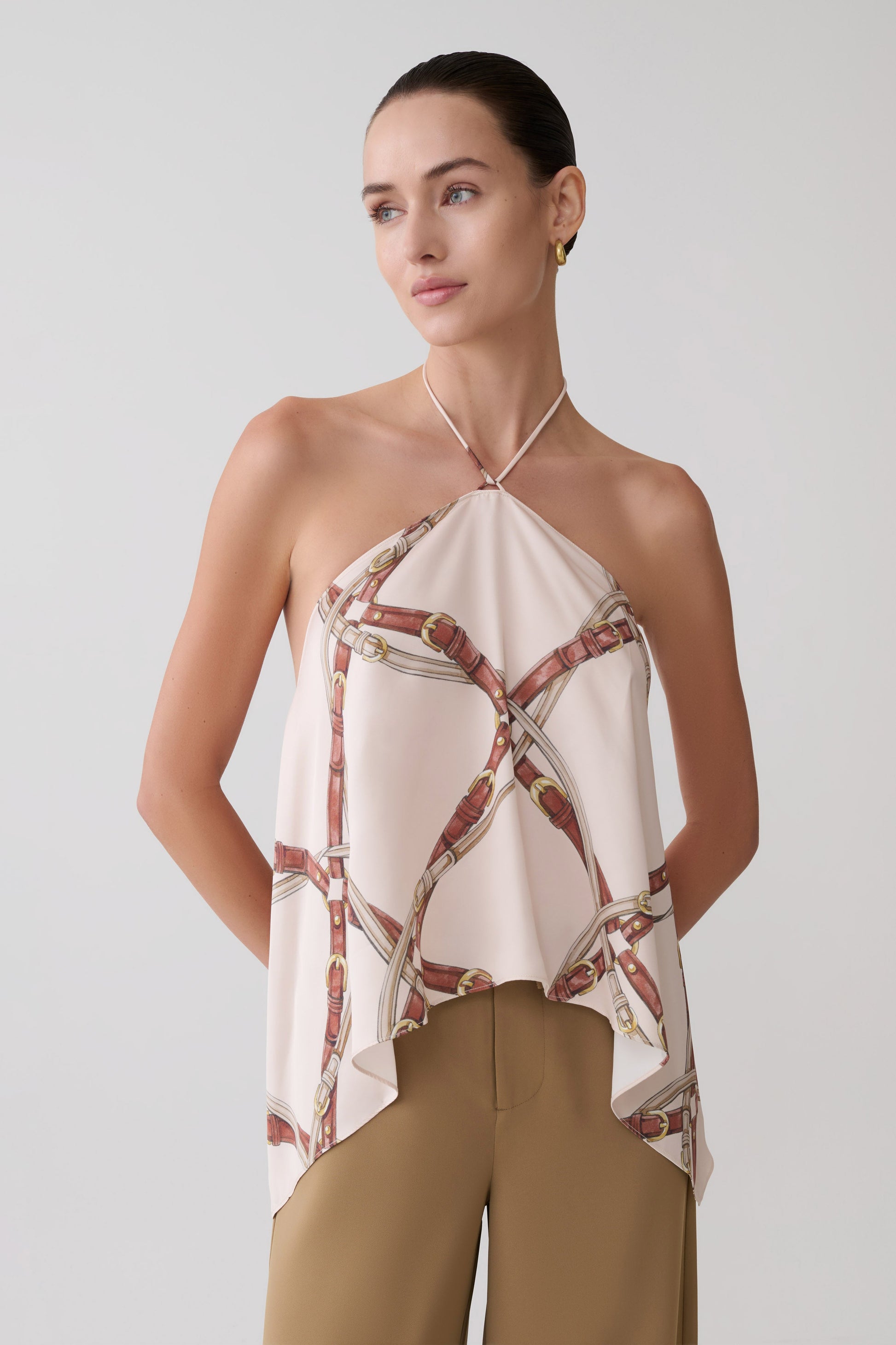 Adelaide Draped Satin Halter Top - Chain Print