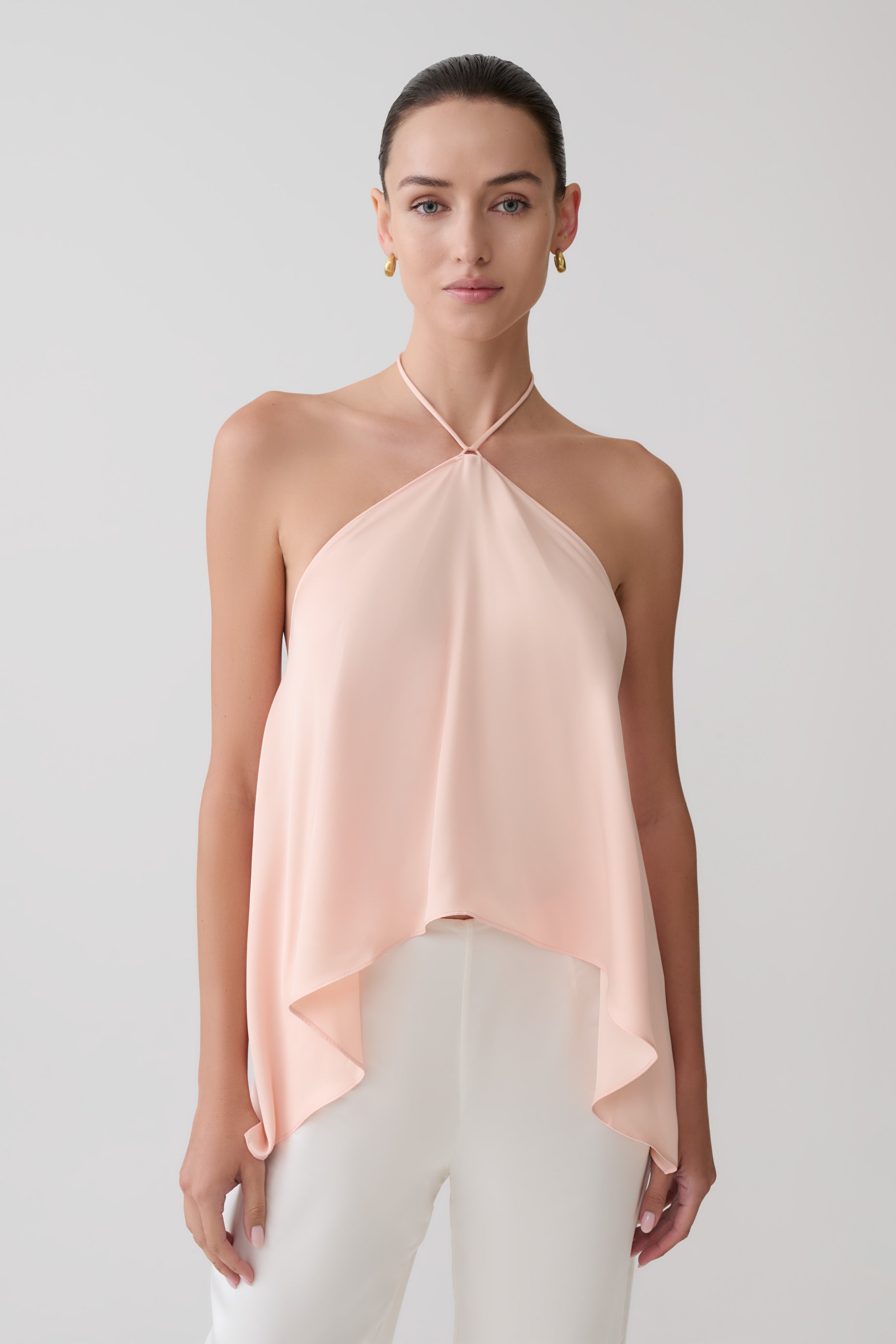 Adelaide Draped Satin Halter Top - Peach | MESHKI UK