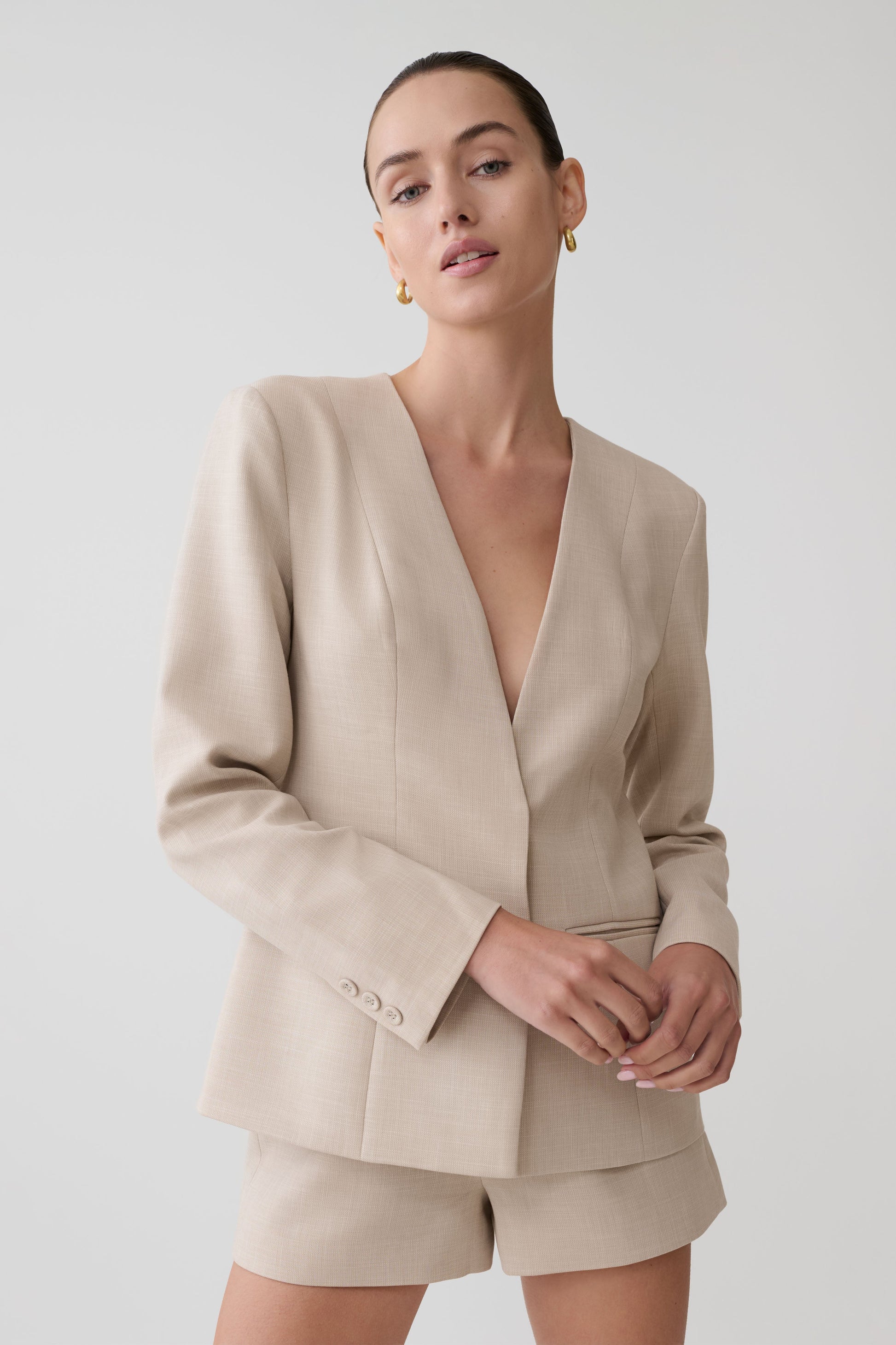 Solenne Collarless Suiting Blazer - Natural Marle #3
