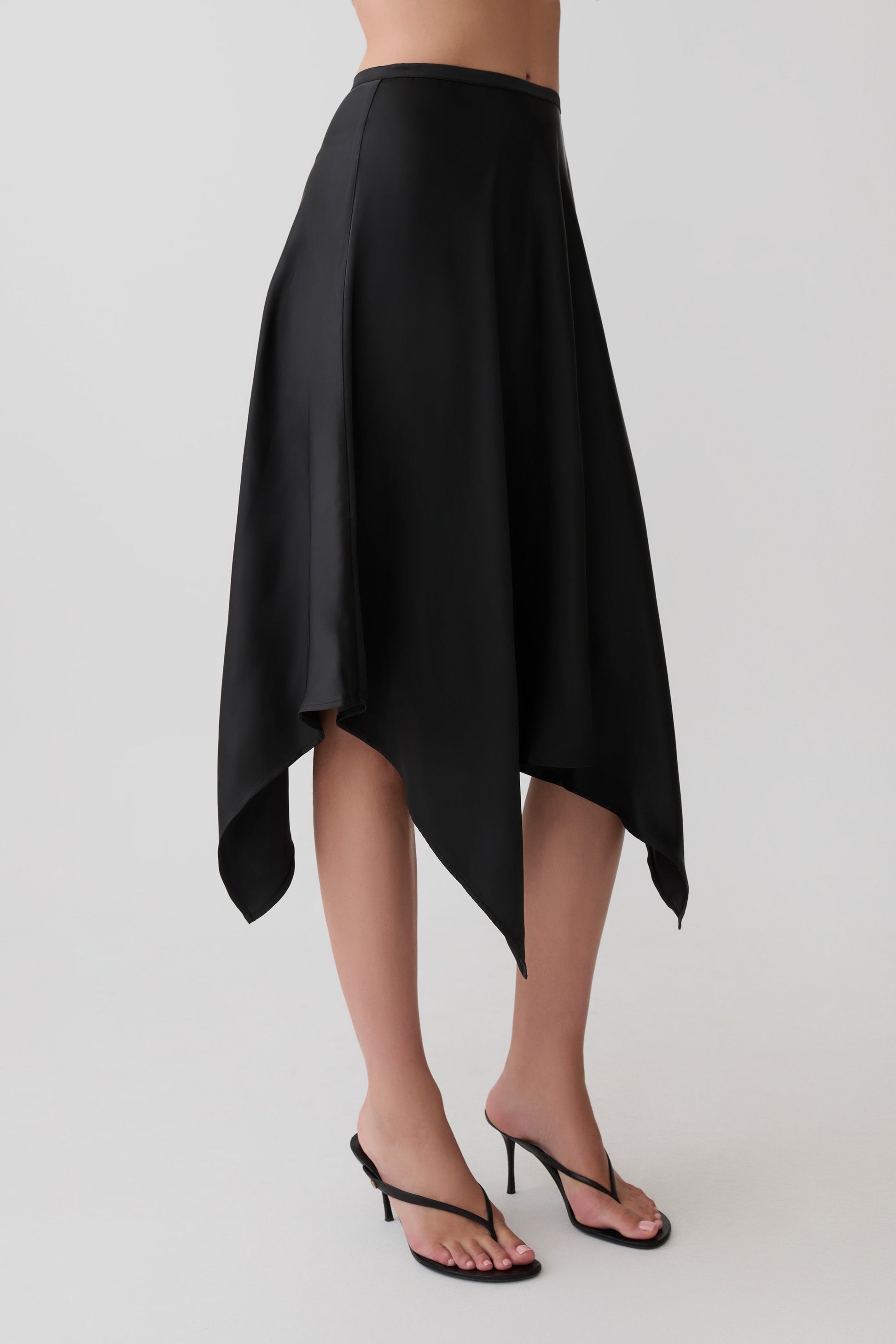 Coralie Asymmetric Satin Midi Skirt - Black #10