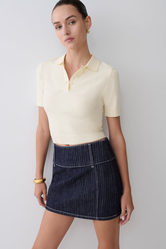Loraine Mid Rise Denim Mini Skirt - Indigo Pinstripe