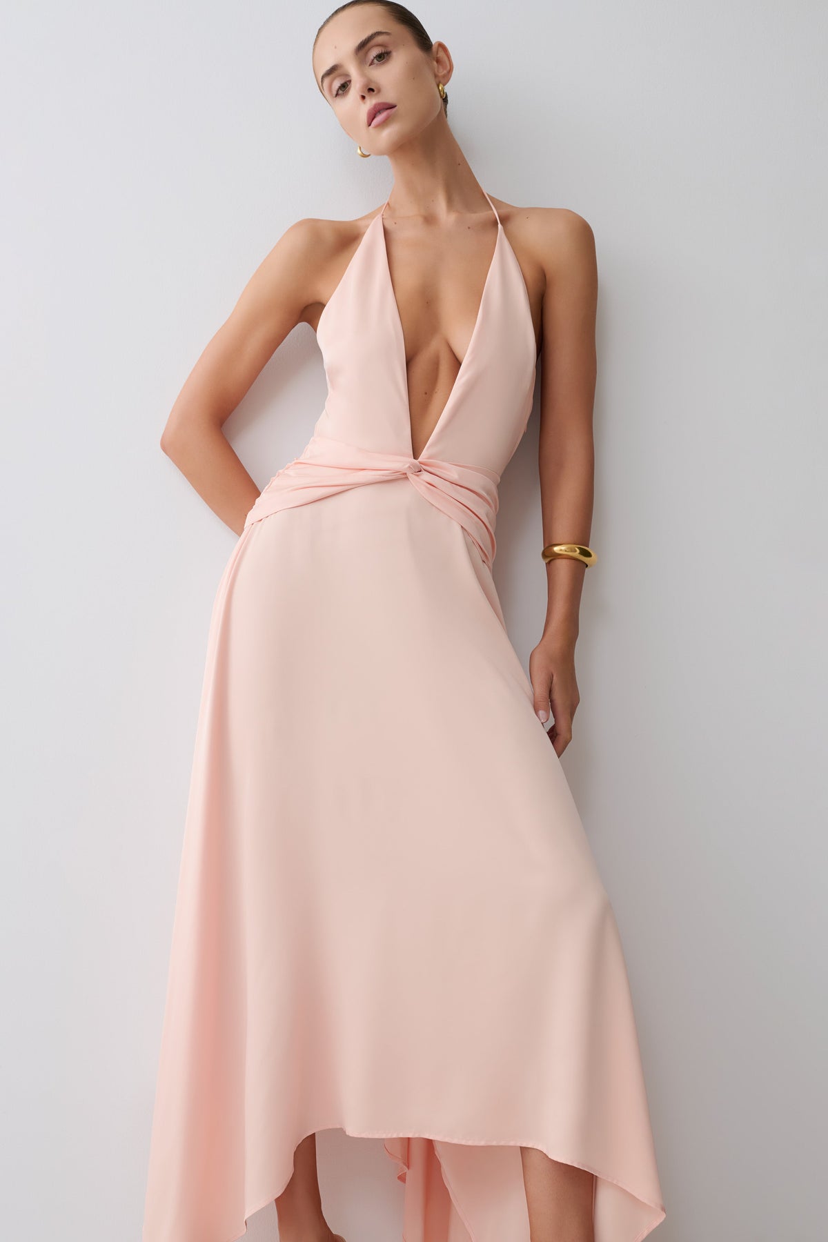 Cyra Plunge Satin Midi Dress - Peach #5