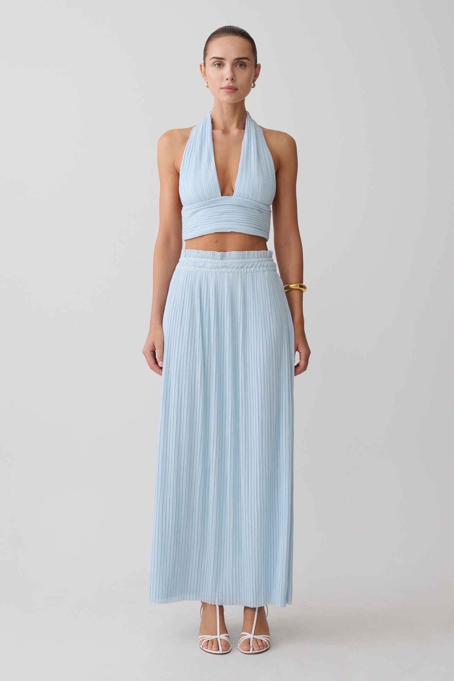 Amaris Sleeveless Plisse Halter Top - Pale Blue