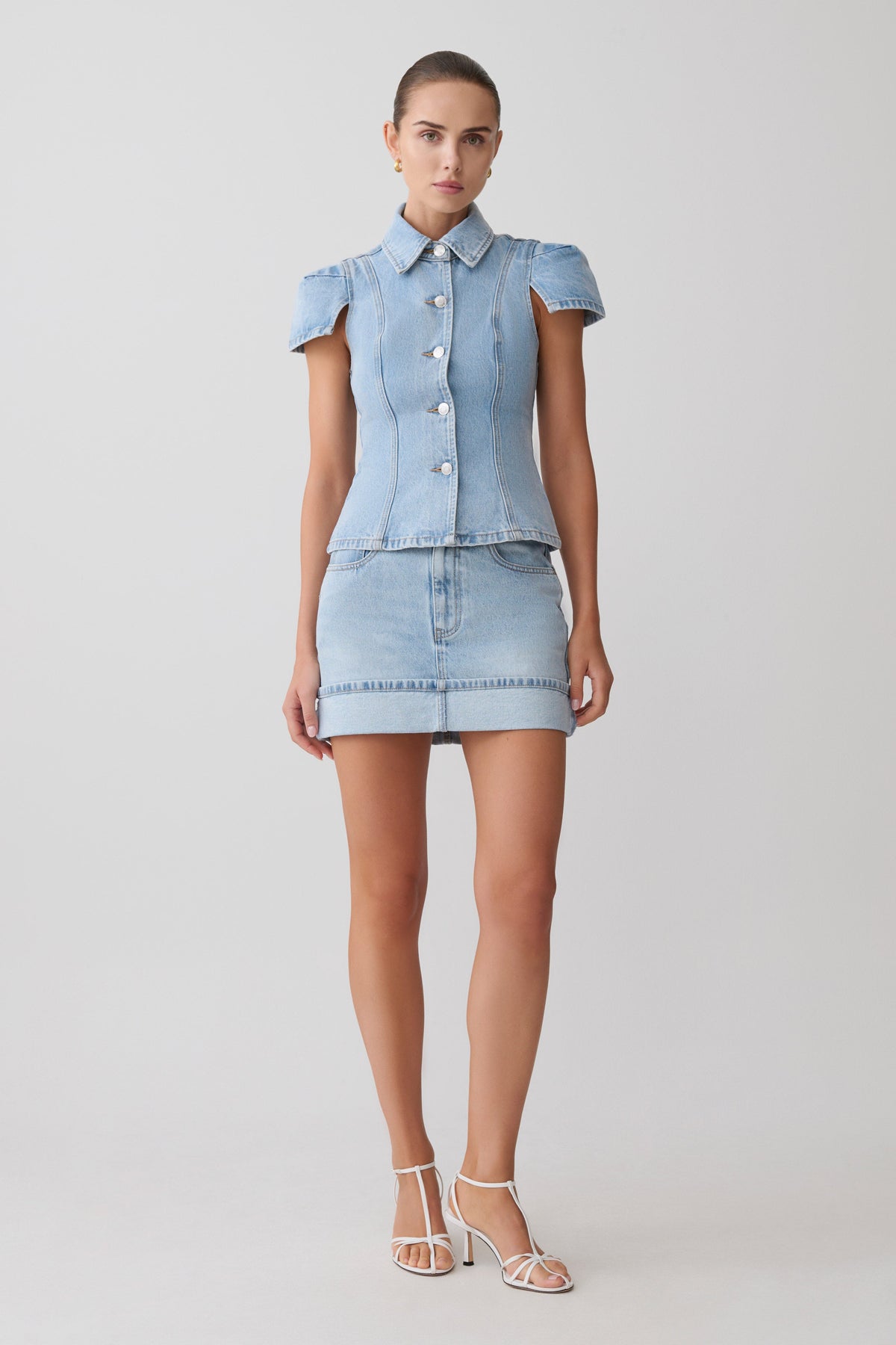 Lakoda Cuffed Denim Mini Skirt - Washed Light Blue #3