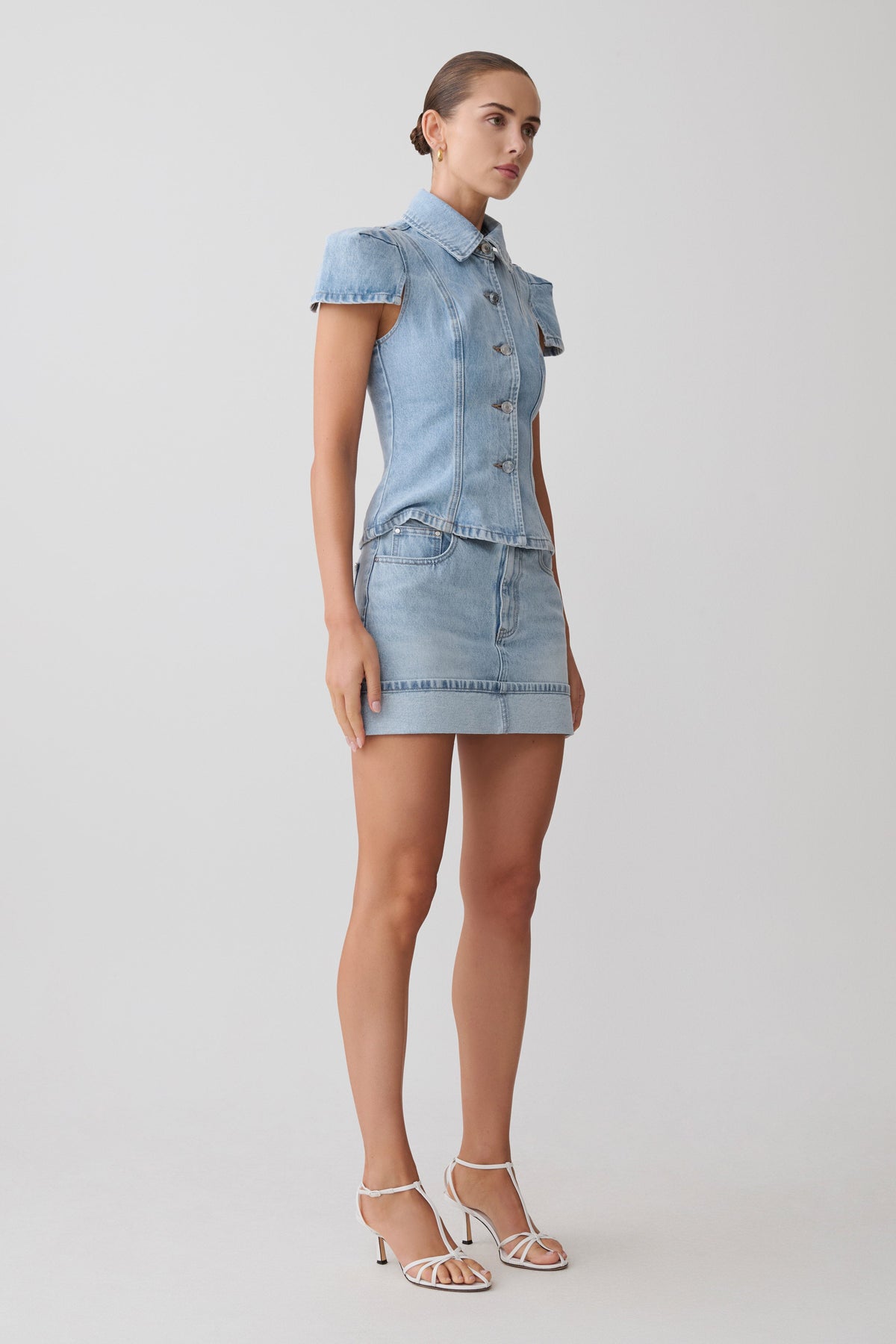 Lakoda Cuffed Denim Mini Skirt - Washed Light Blue #4