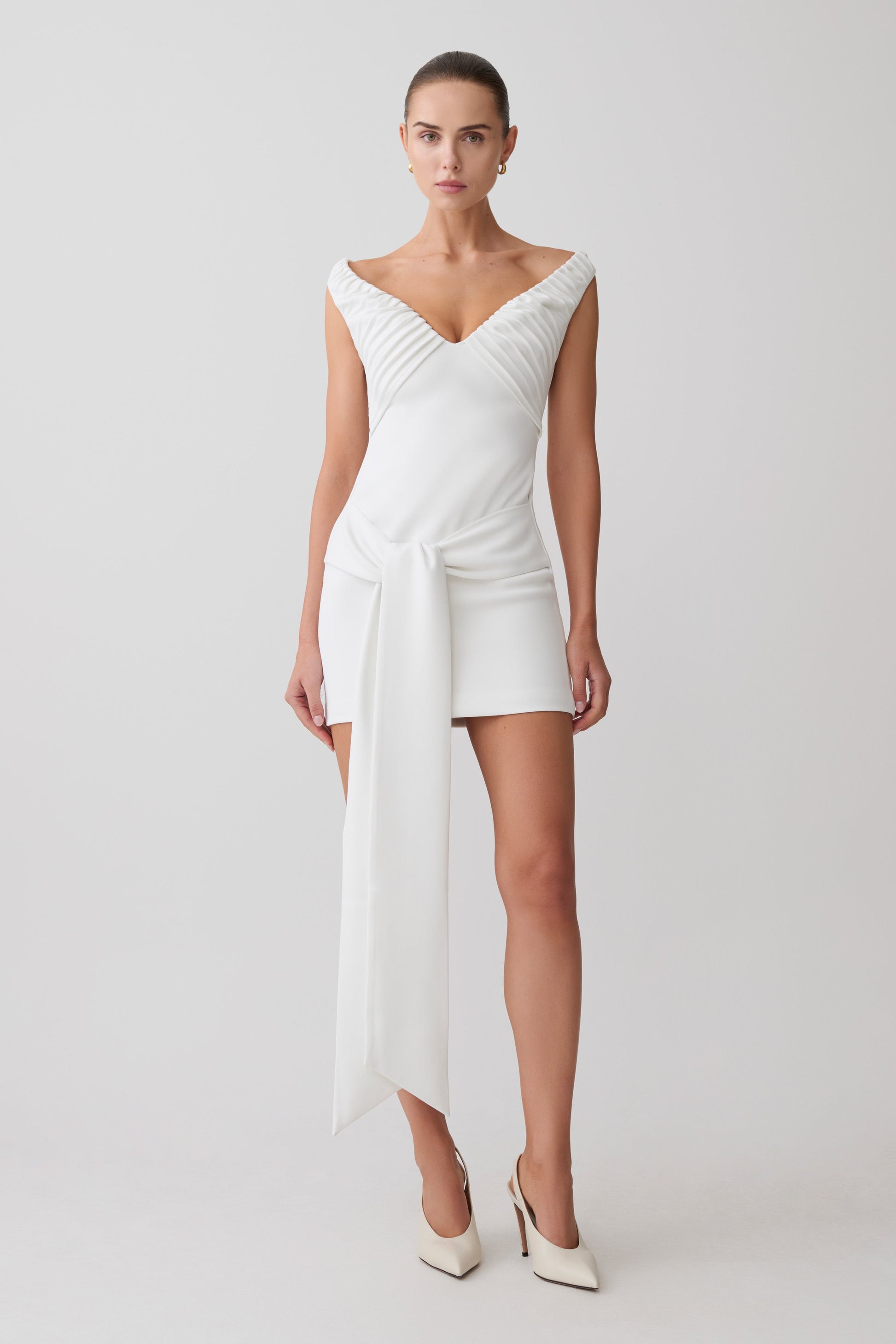 Runa Off Shoulder Mini Dress With Waist Tie - White #4