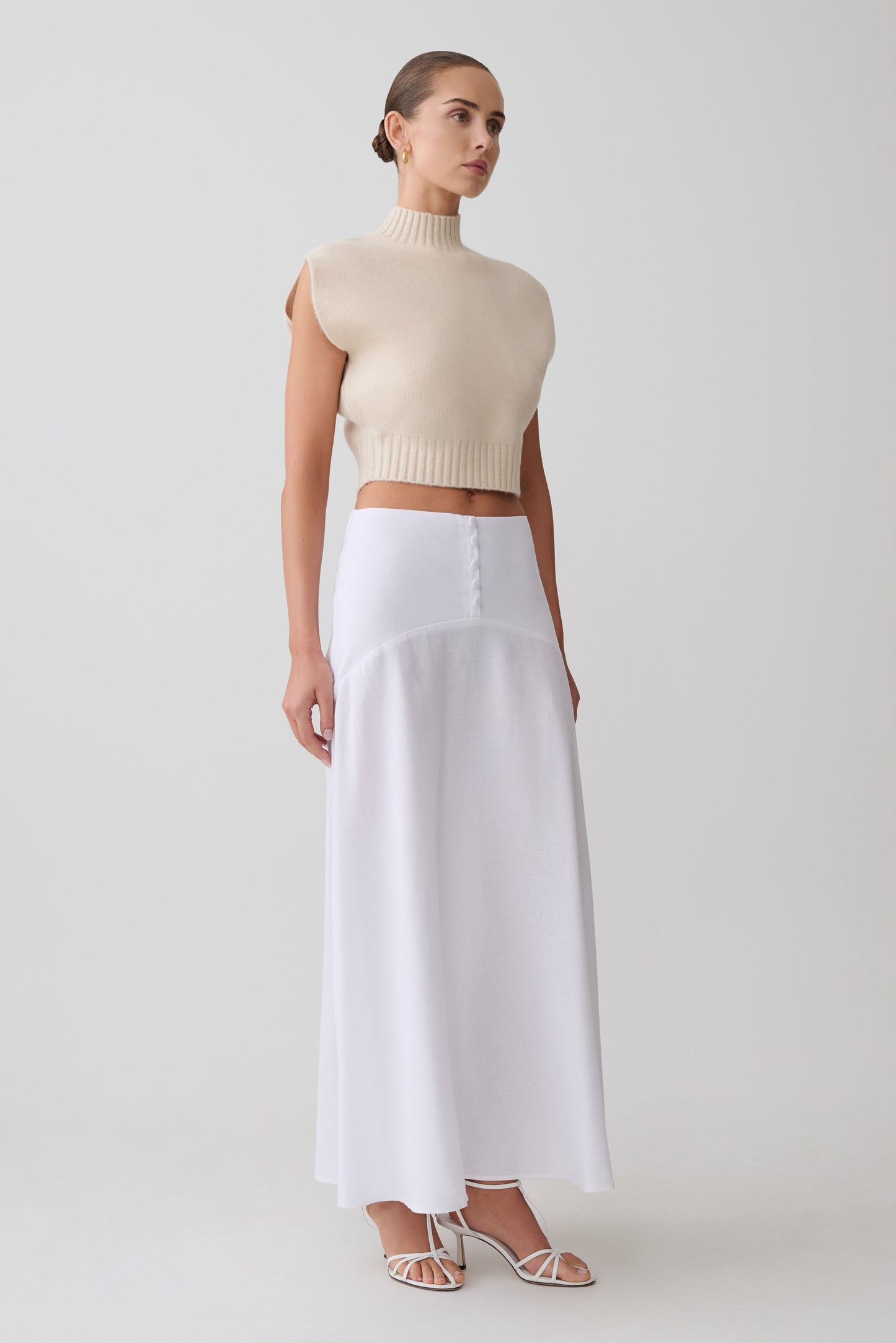 Selma Curved Waist Midi Skirt - White