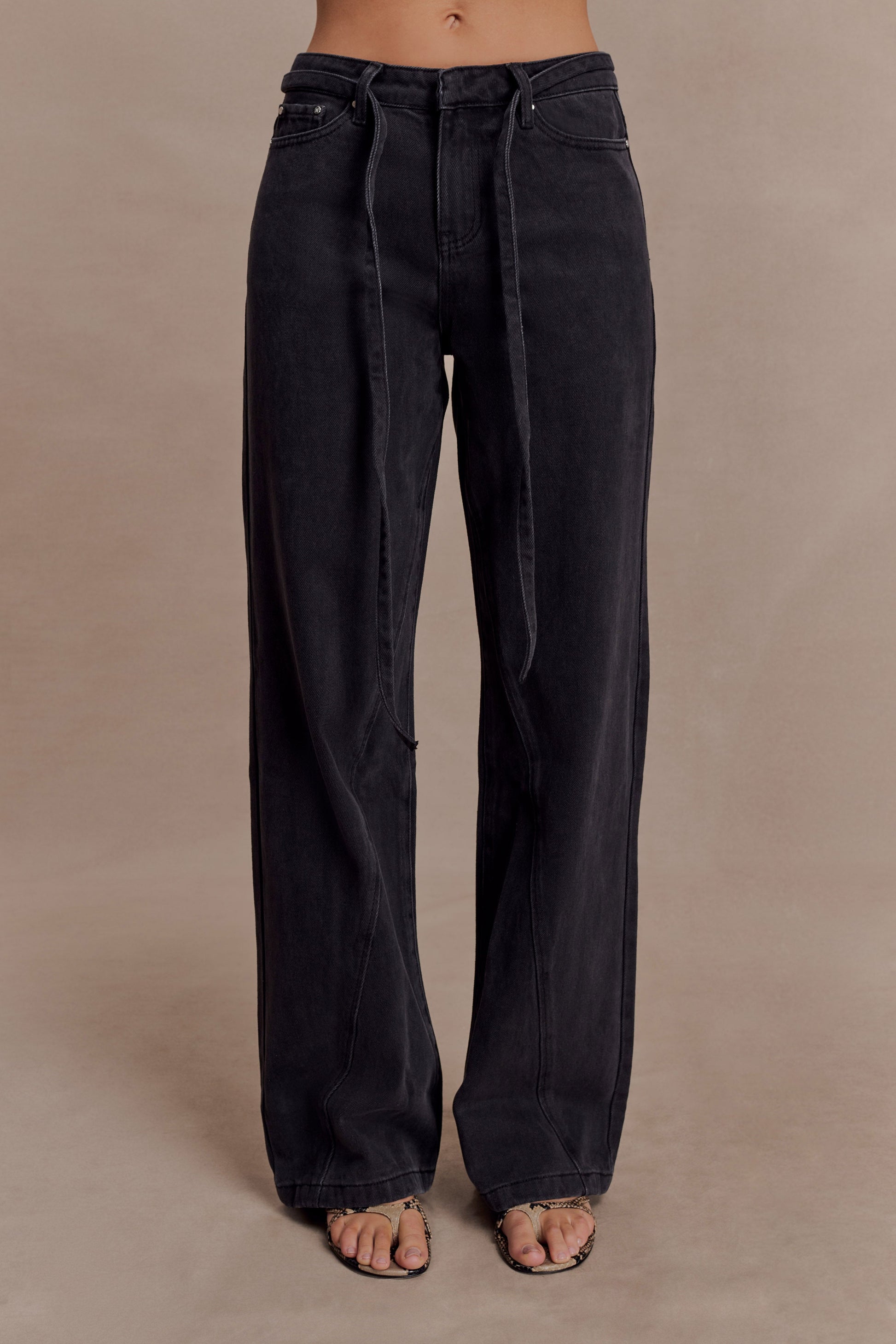 Perrie Mid Rise Straight Leg Tie Jeans - Washed Black #4