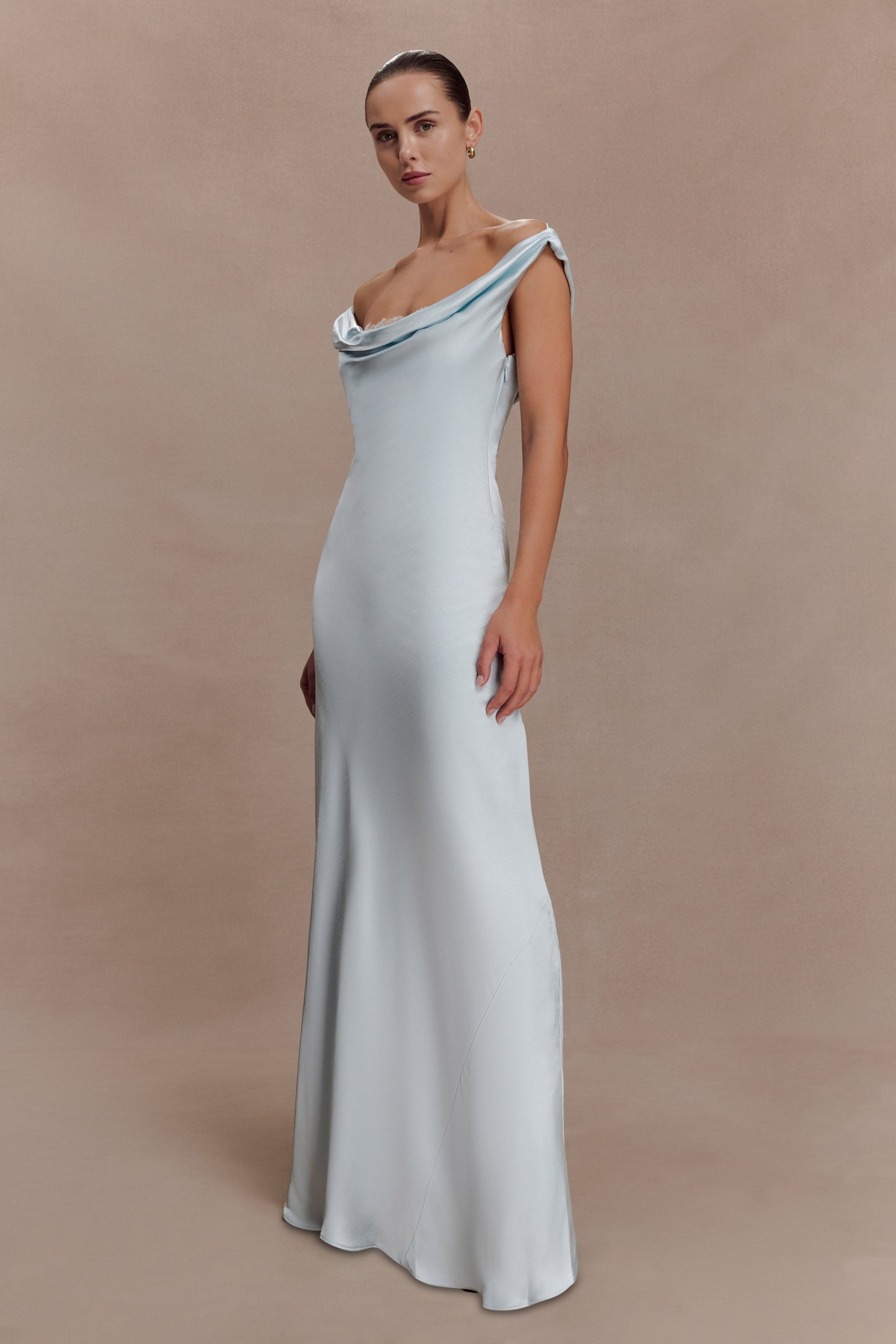 Ashley Cowl Neck Lace And Satin Maxi Dress - Ice Blue