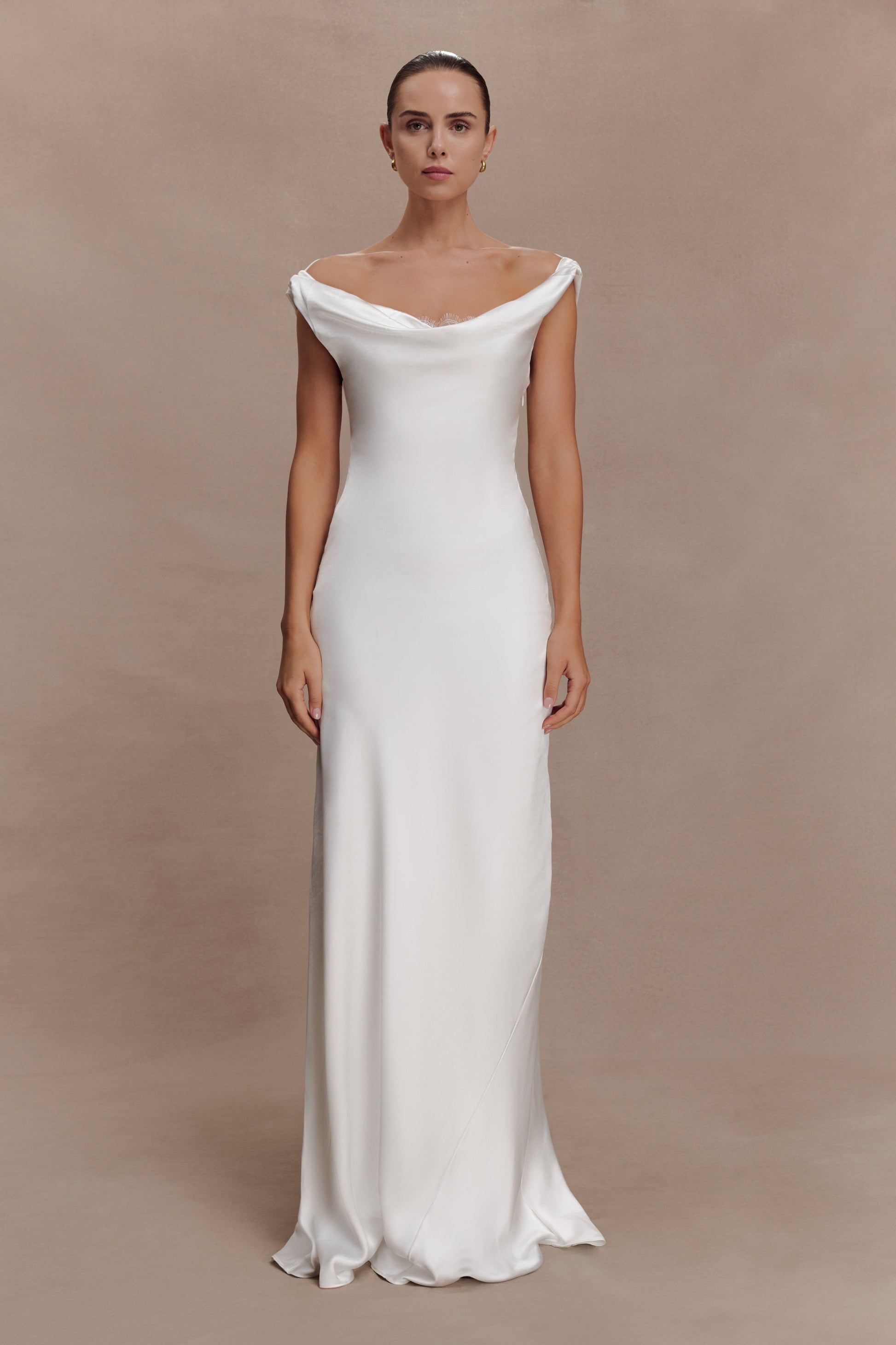Ashley Cowl Neck Lace And Satin Maxi Dress - Ivory