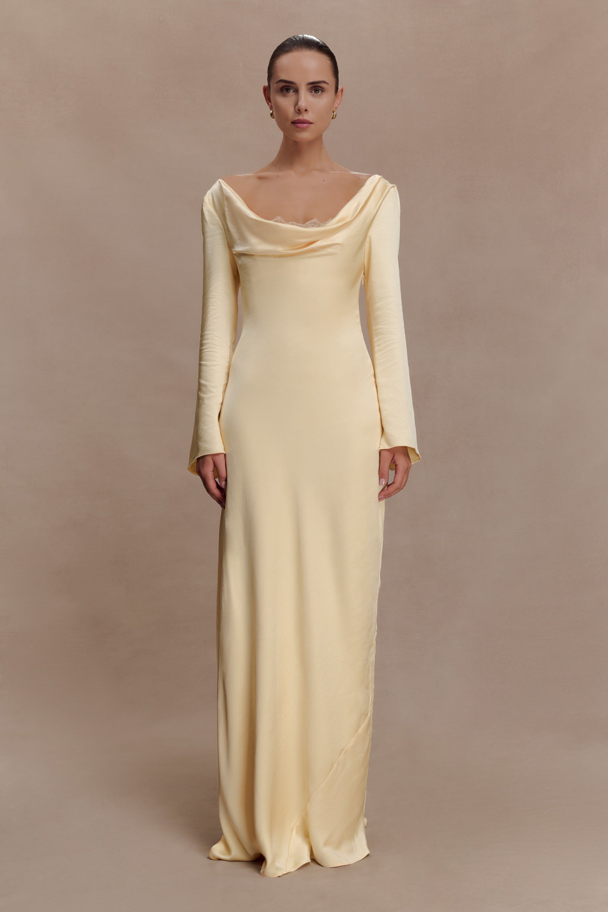 Eliza Long Sleeve Cowl Lace And Satin Maxi Dress - Lemon