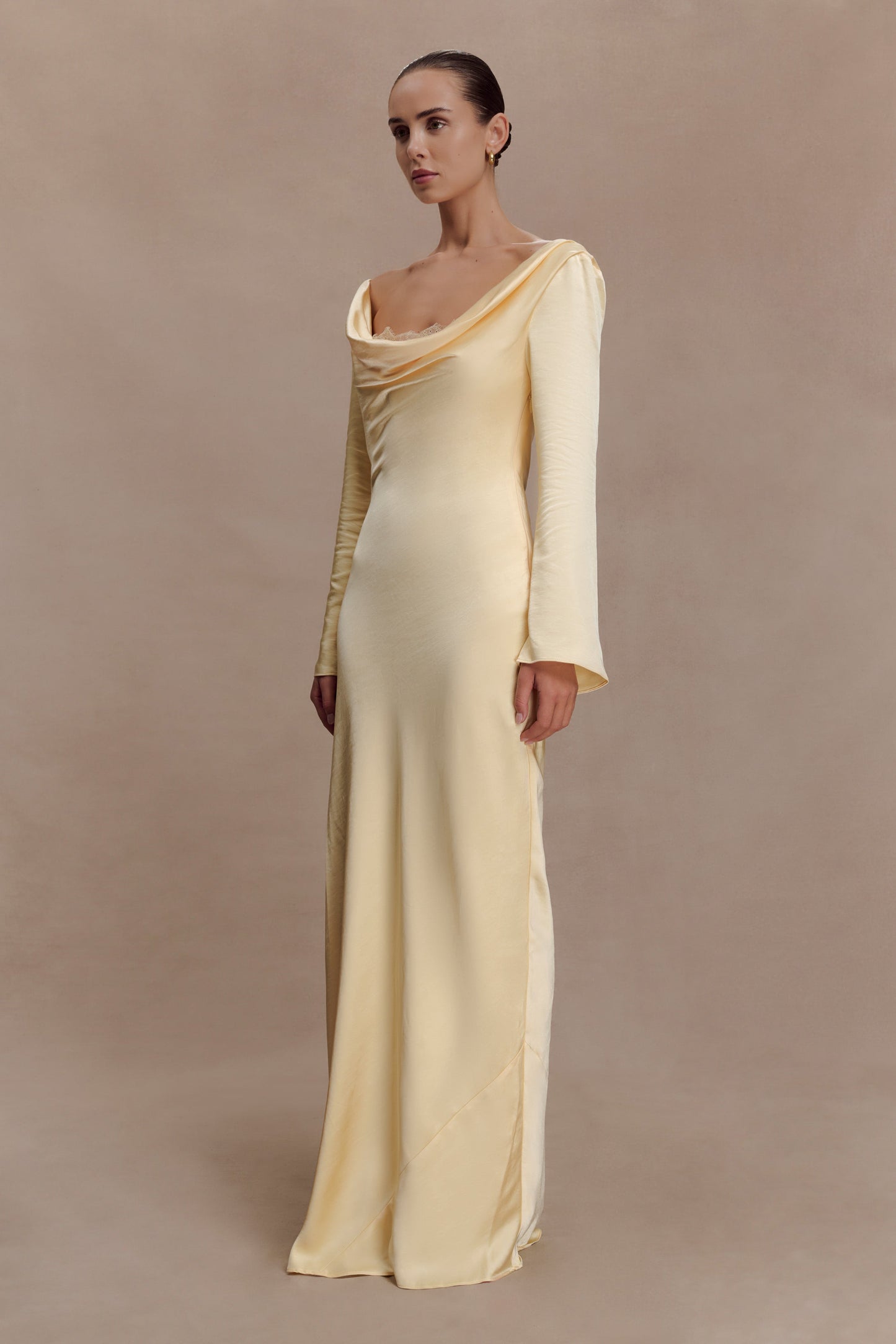 Eliza Long Sleeve Cowl Lace And Satin Maxi Dress - Lemon